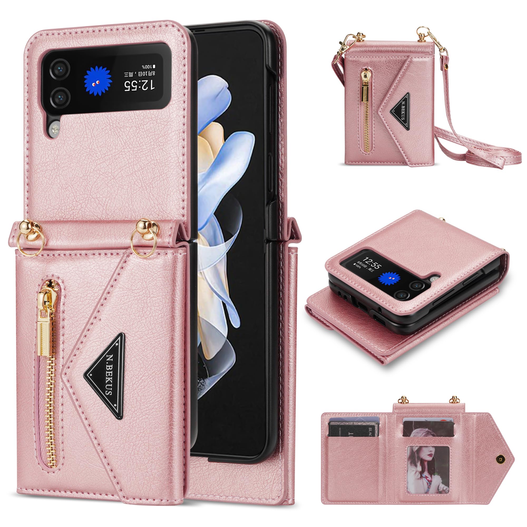 UDBKKDX Wallet Case for Samsung Galaxy Z Flip 5, Matte Leather with Viewing Stand Camera Lens Protection Shockproof 4 Card Holders Cover with Shoulder Straps Zipper case Cover