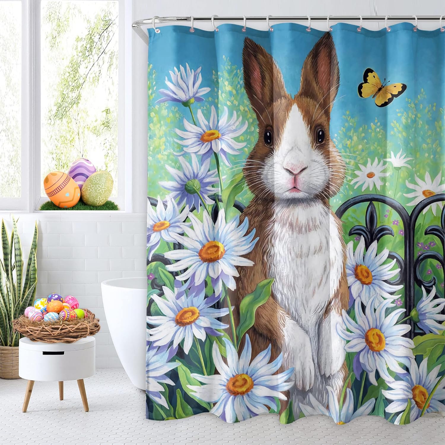 Roszwtit Spring Easter Shower Curtain, Easter Bunny Daisy