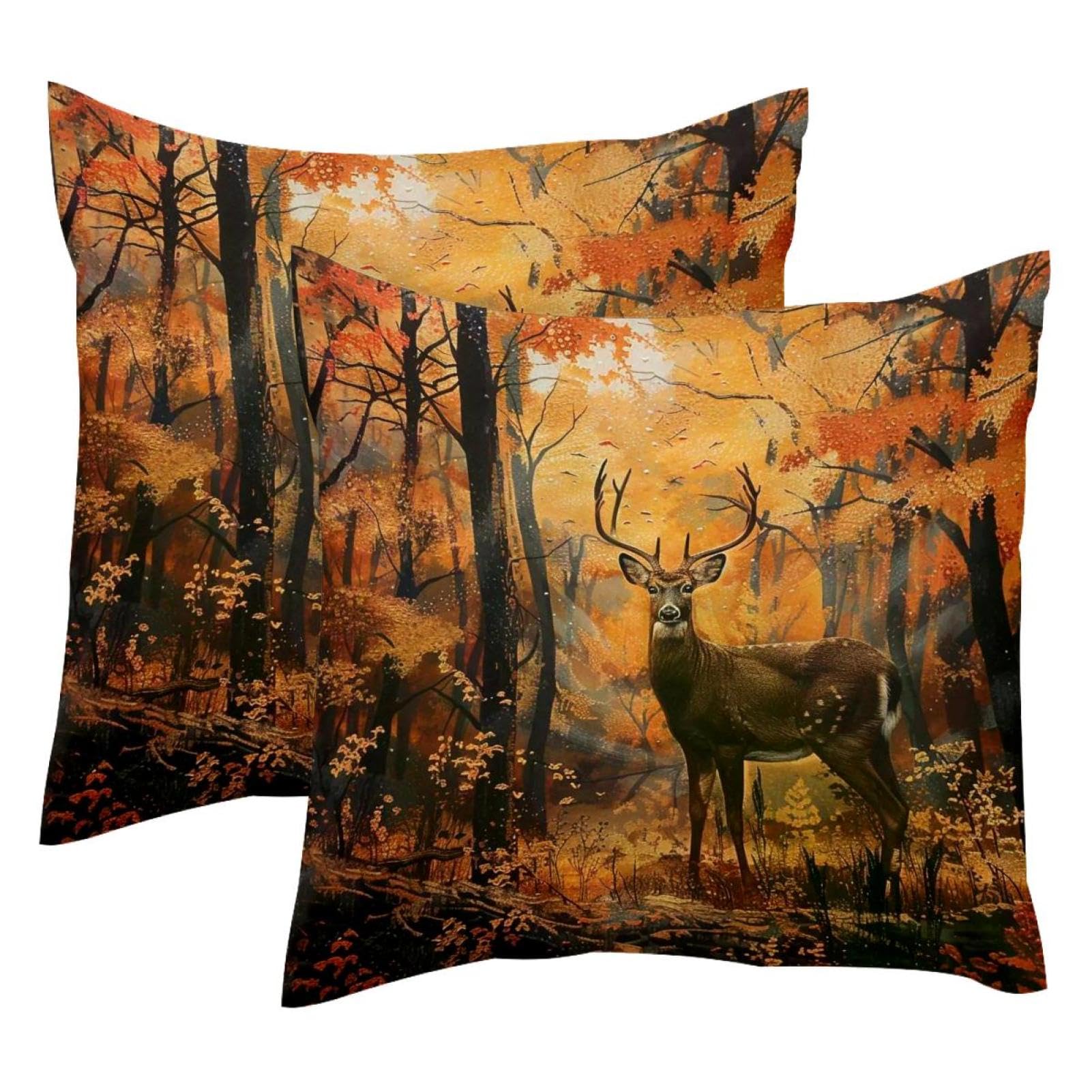 Housse de coussin en velours doux motif renne nature d'automne taie décorative 50x50cm