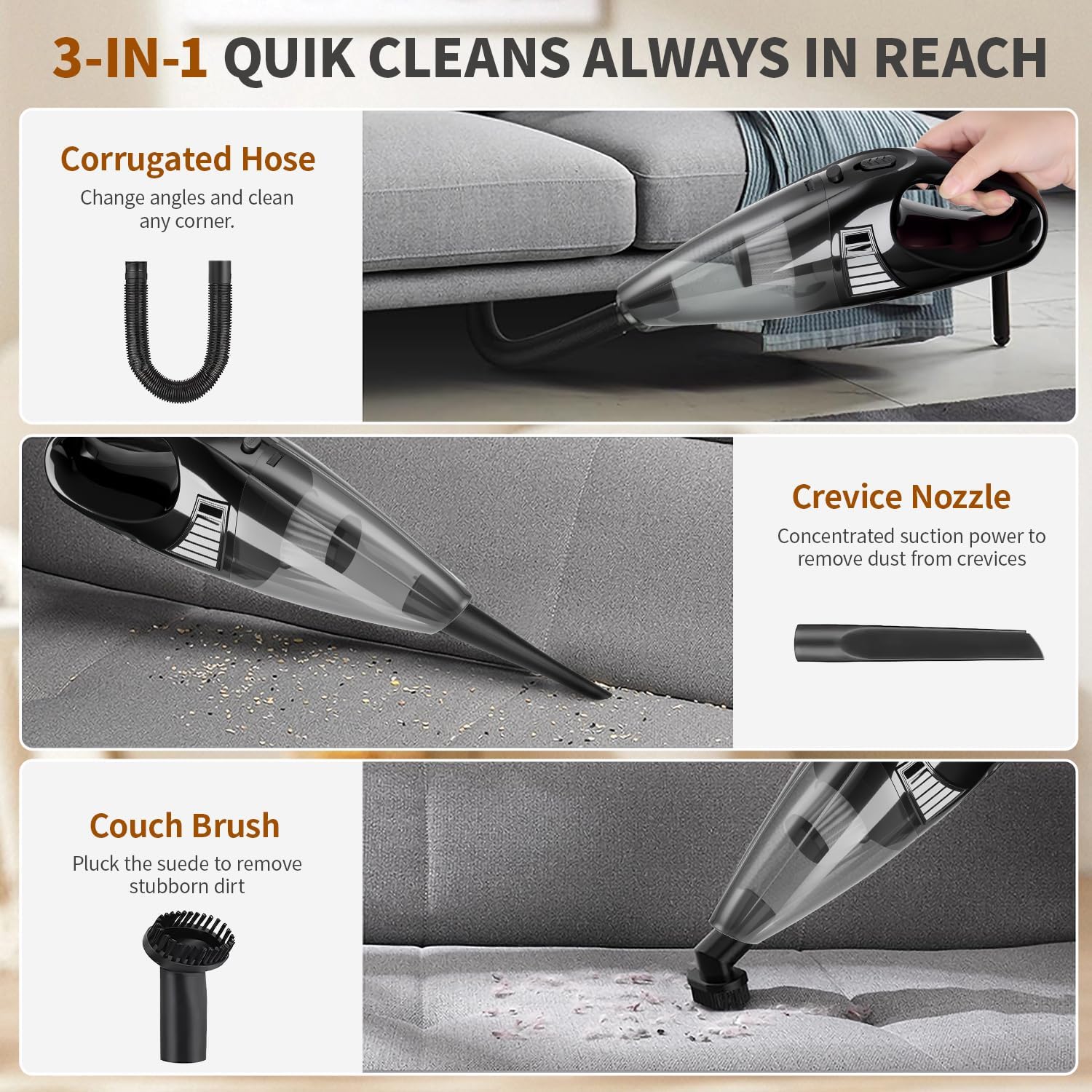 Handheld Cordless Rechargeable Vacuum, Cordless Rechargeable Dust Busters with LED, USB Charge, 1.5LBs. Ideal for Car/Home/Pet Cleaning.