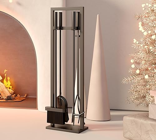 Juego de 5 herramientas para chimenea de hierro forjado con póquer para chimenea, pinzas, pala, cepillo y soporte, juego de accesorios para el