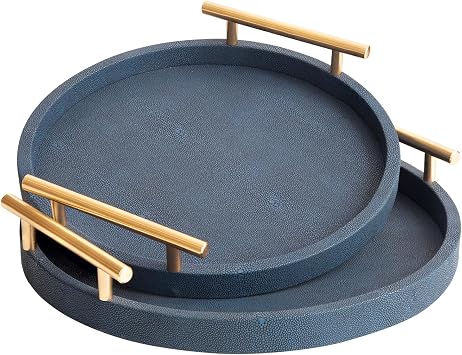 Modern Decorative Serving Tray, Round Shagreen Tray with Gold Polished Metal Handles, Decorative Trays Coffee Table Ottoman Trays for Living Room Bathroom Home Decor, Set of 2 Blue