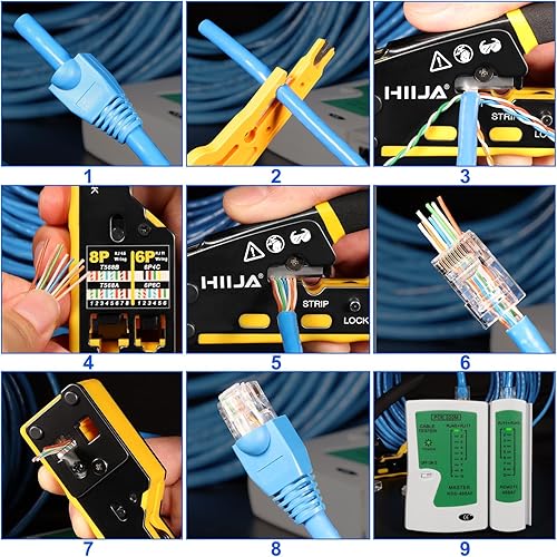 Miniatura 7 de Hiija Kit de herramientas de crimpado RJ45, kit de herramientas de crimpado Cat6, crimpadora Ethernet todo en uno con probador de cables de red, 50