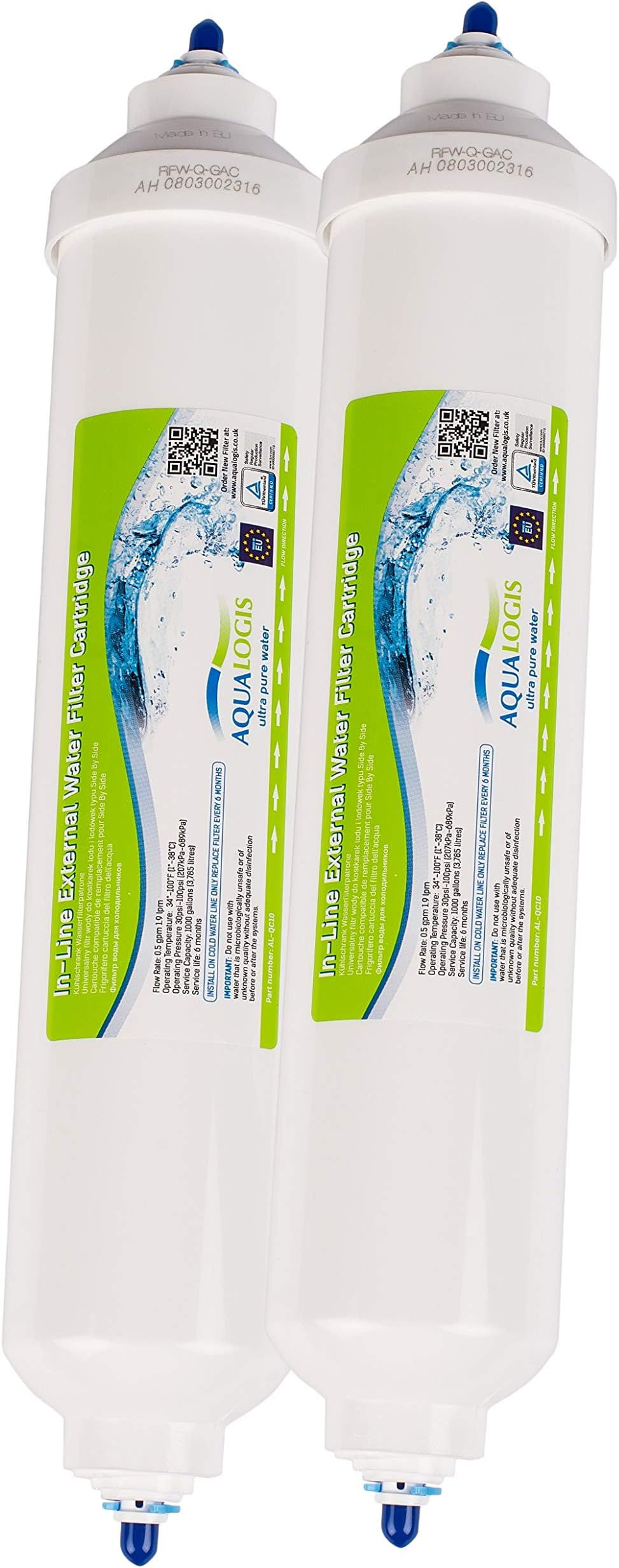 Aqualogis 2 x compatible with DAEWOO, SAMSUNG, LG, BEKO, BOSCH, SIEMENS, Universal Fridge Water Filter With 1/4 Push Fit Tube Connectors