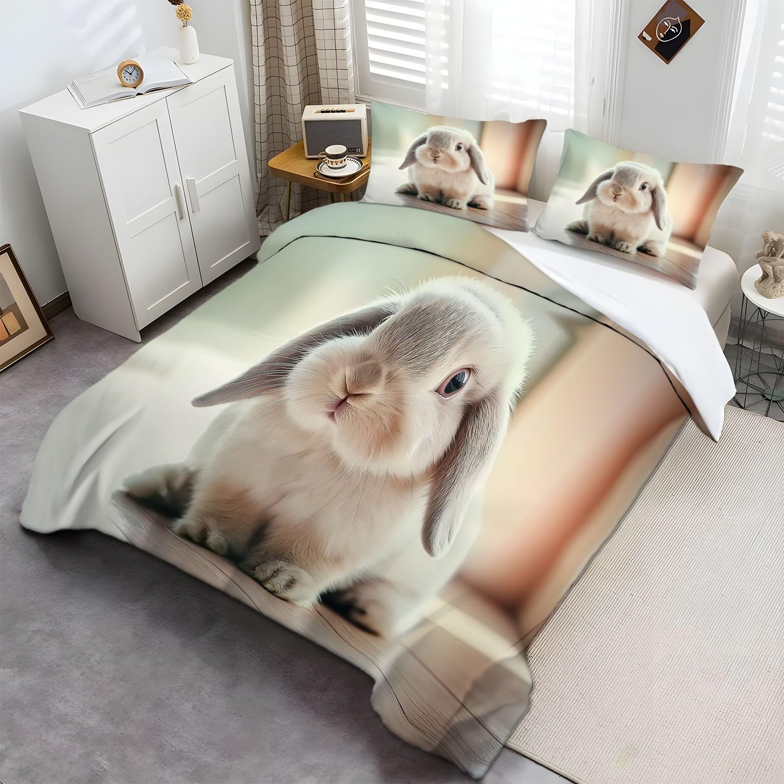 Copripiumino Singolo 150x200 cm Coniglio Lop Animale Set di Biancheria da Letto in Cotone Poliestere Confortevole Stampa 3D Copripiumino con Chiusura a Cerniera