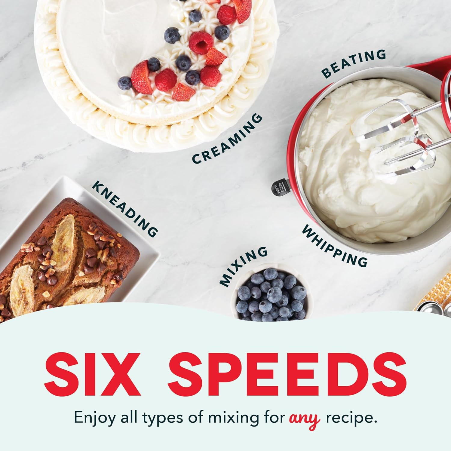 DASH Stand Mixer in red, illustrating its six speed settings for various mixing tasks like beating, creaming, kneading, mixing, and whipping.