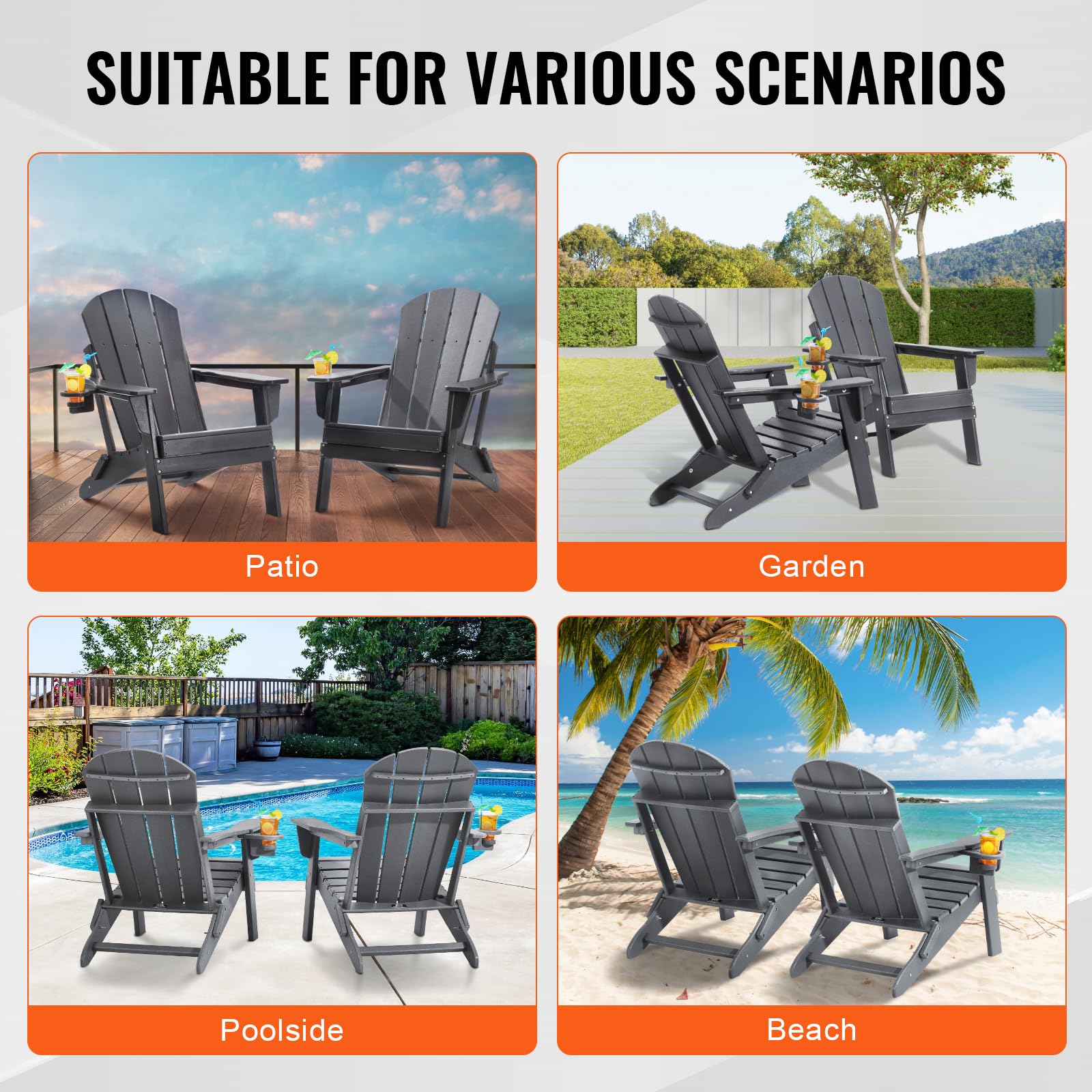 VEVOR Chaise Adirondack en Plastique, Lot de 2, Fauteuil de Jardin Pliant Portable, Charge 181,4 kg, avec Porte-Gobelet, Accoudoir Relaxant, pour Toutes Saisons, Extérieur, Patio, Arrière-Cour, Gris