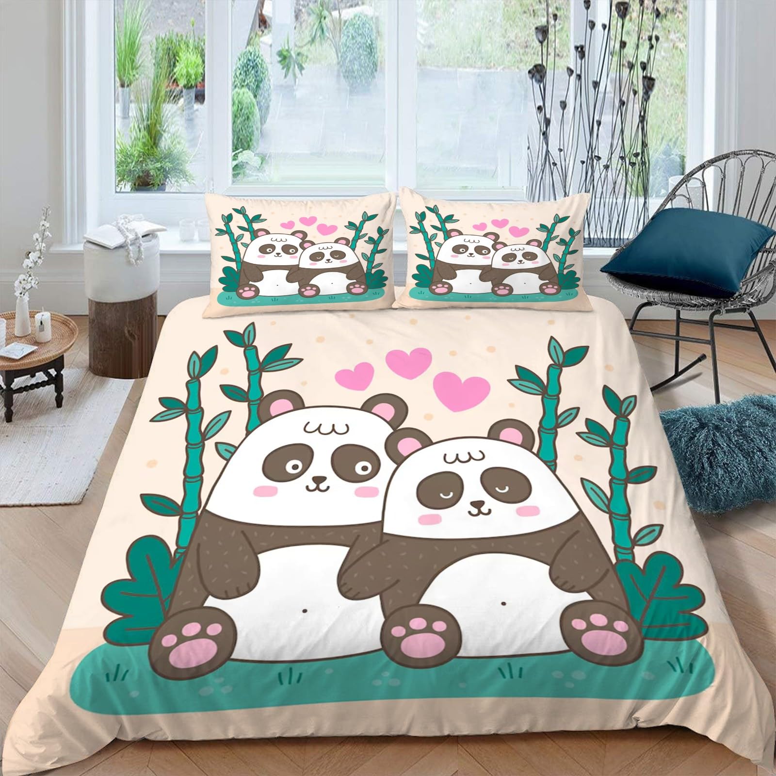 3-częściowy komplet pościeli 155 x 220 cm, wzór panda, poszewka na kołdrę dla dzieci, z mikrofibry, puszysta, miękka poszwa na kołdrę i 2 poszewki na poduszkę 80 x 80 cm, z zamkiem