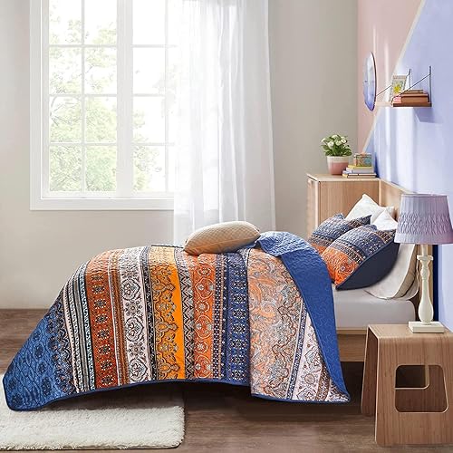 Miniatura 4 de WONGS BEDDING Colcha bohemia tamaño individual, 2 piezas púrpura y azul bohemio de microfibra ligera para decoración de cama para todas las