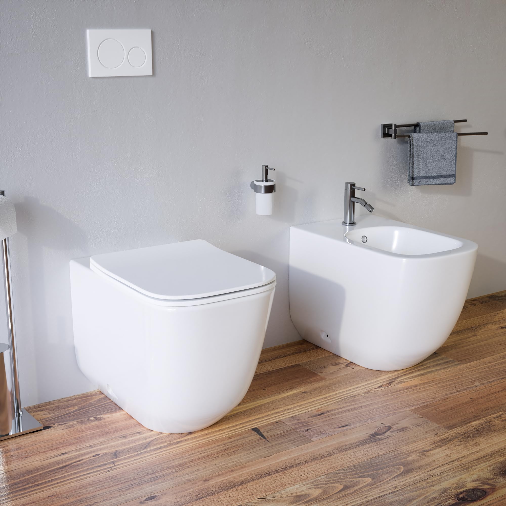 Filomuro - Paire de sanitaires en céramique blanc brillant - Cuvette Tornado Silent Flush - Abattant Soft-Close et bidet modèle Riga
