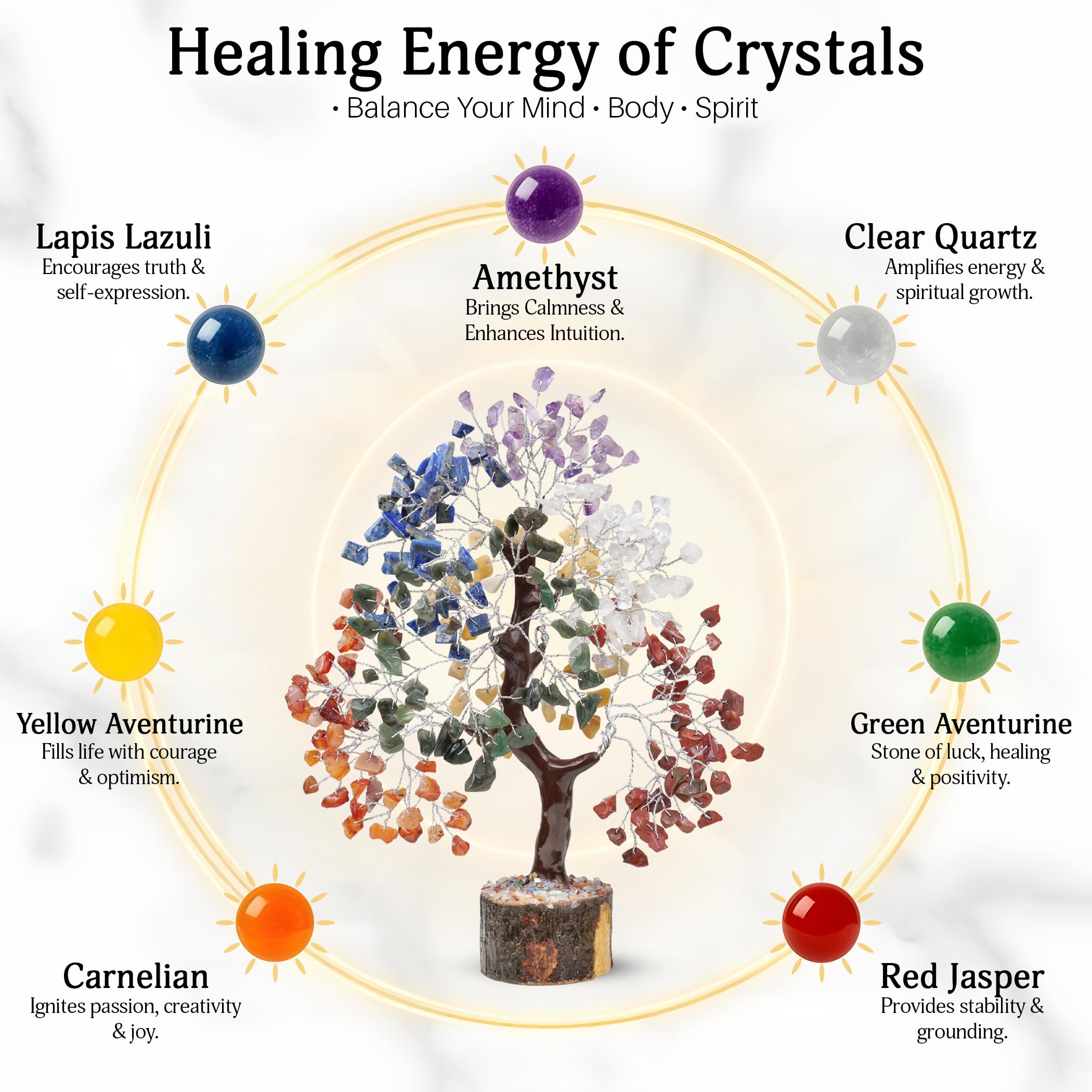 FASHIONZAADI Seven Chakra Gemstone Crystal Tree - Feng Shui Bonsai Money Natural Healing Crystals Chakras Reiki Stones Good Luck Home Decoration Gift Office Décor Size 10-12 inch (Silver Wire)
