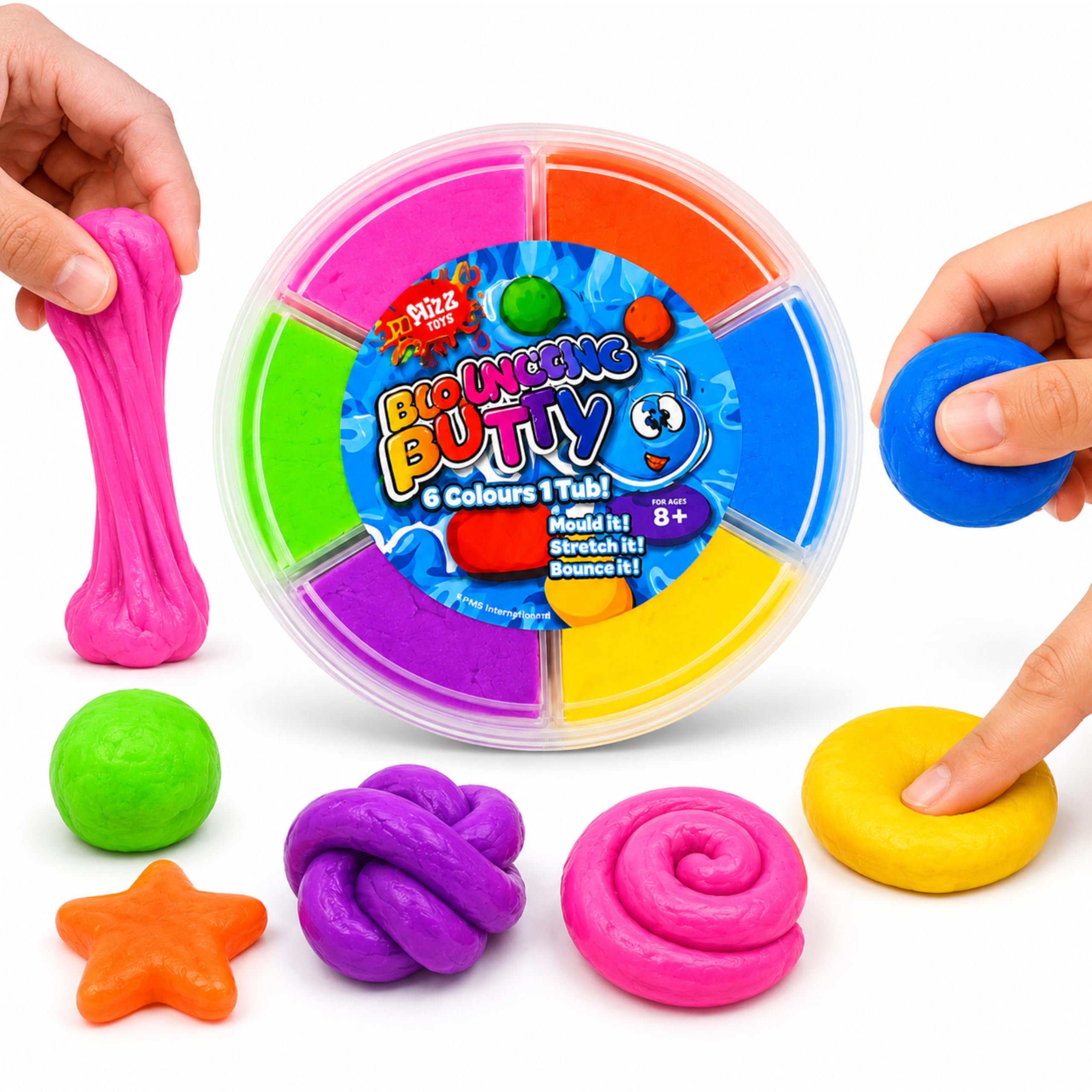 1x Wizz Toys 6-Section Bouncing Putty 90g, 6 Bright Colour Modelling Putty Set, Stretchable Mouldable Bouncy Sensory Play Putty in Reusable Storage Tub for Kids Aged 8+