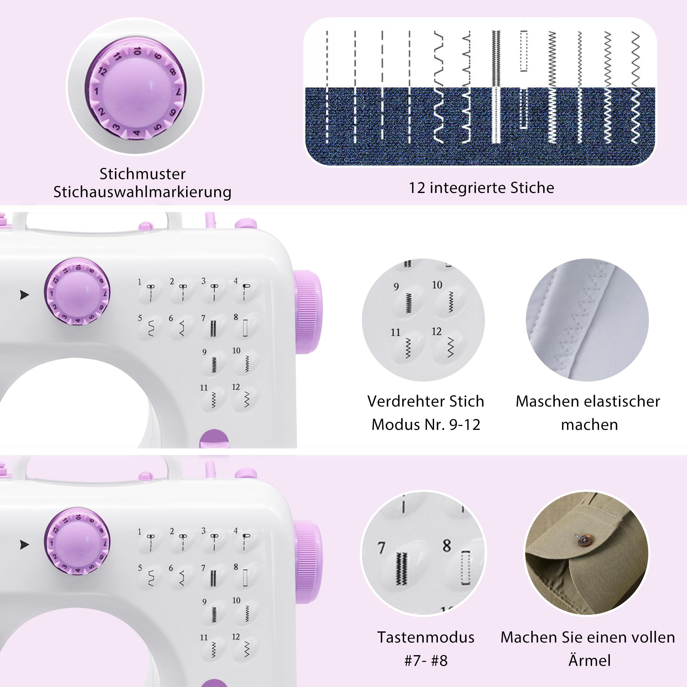 Nähmaschine mit Anschiebetisch, Mini-Nähmaschine, tragbare elektrische Nähmaschine, 12-Stiche-Nähmaschine mit LED-Licht, Nähzubehör-Set, ideal für Kleidung, Kissenbezüge, Bettlaken