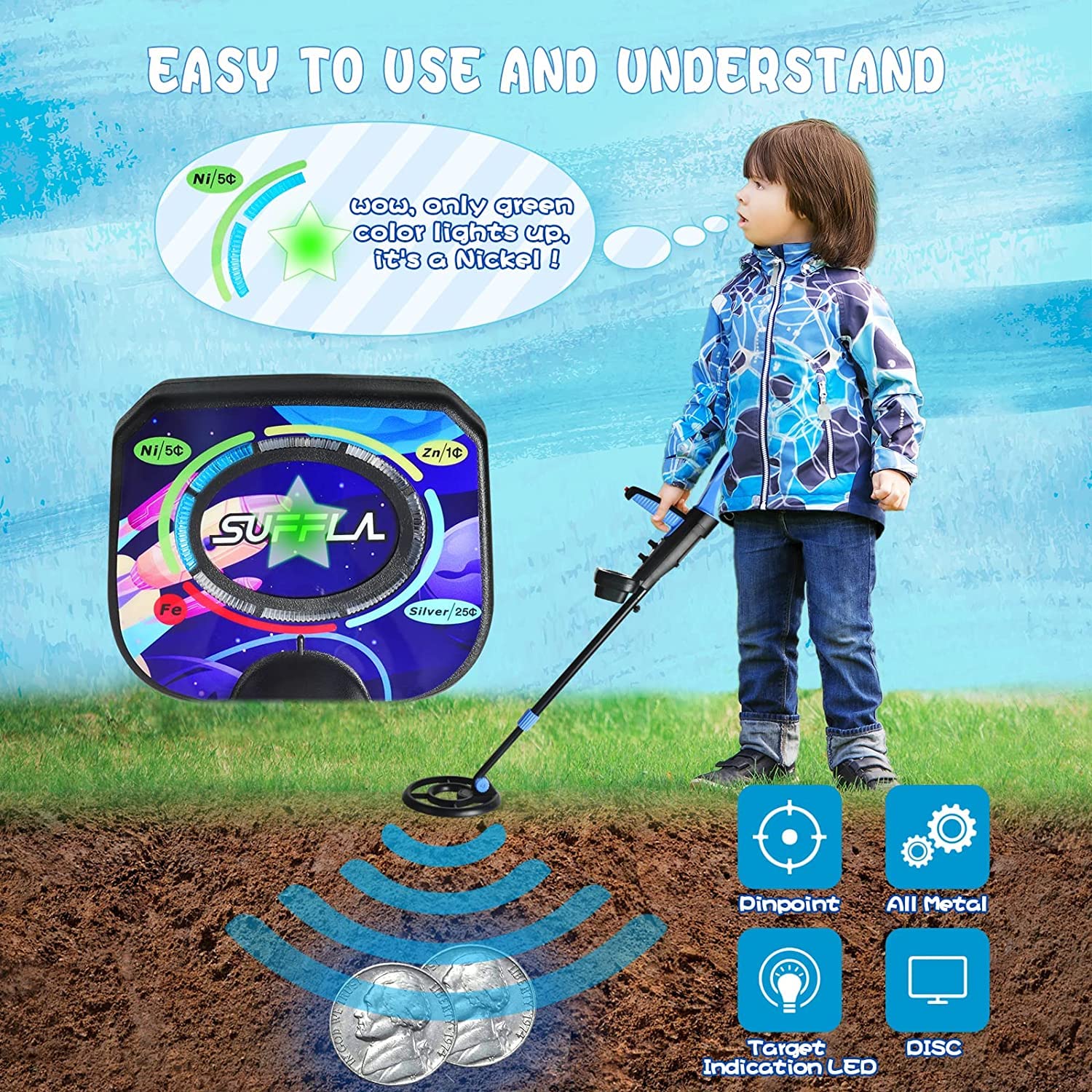 SUFFLA Waterproof Metal Detector for Kids Gold Metal Detectors Professional 7.5" Coil