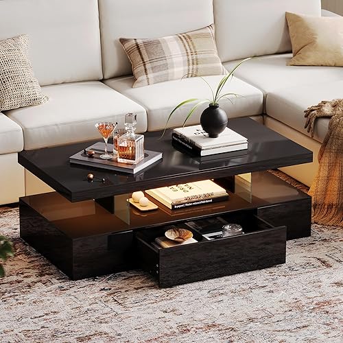 ChooChoo Mesa de centro LED moderna, mesa central de alto brillo con cajón, mesa de centro negra con almacenamiento para sala de estar, dormitorio