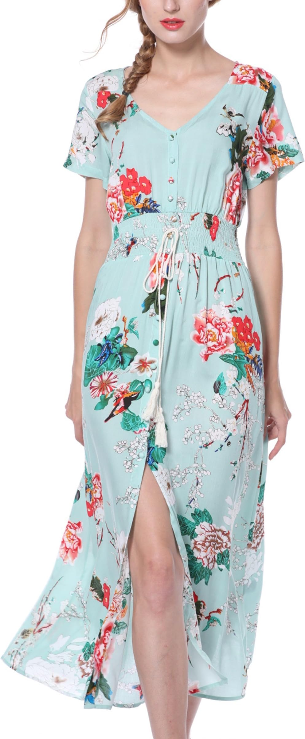 Women's Dress Button up Split Maxi Boho Bohemian Floral Print Flowy Beach Short Sleeve Long Casual Vestidos Green XXL