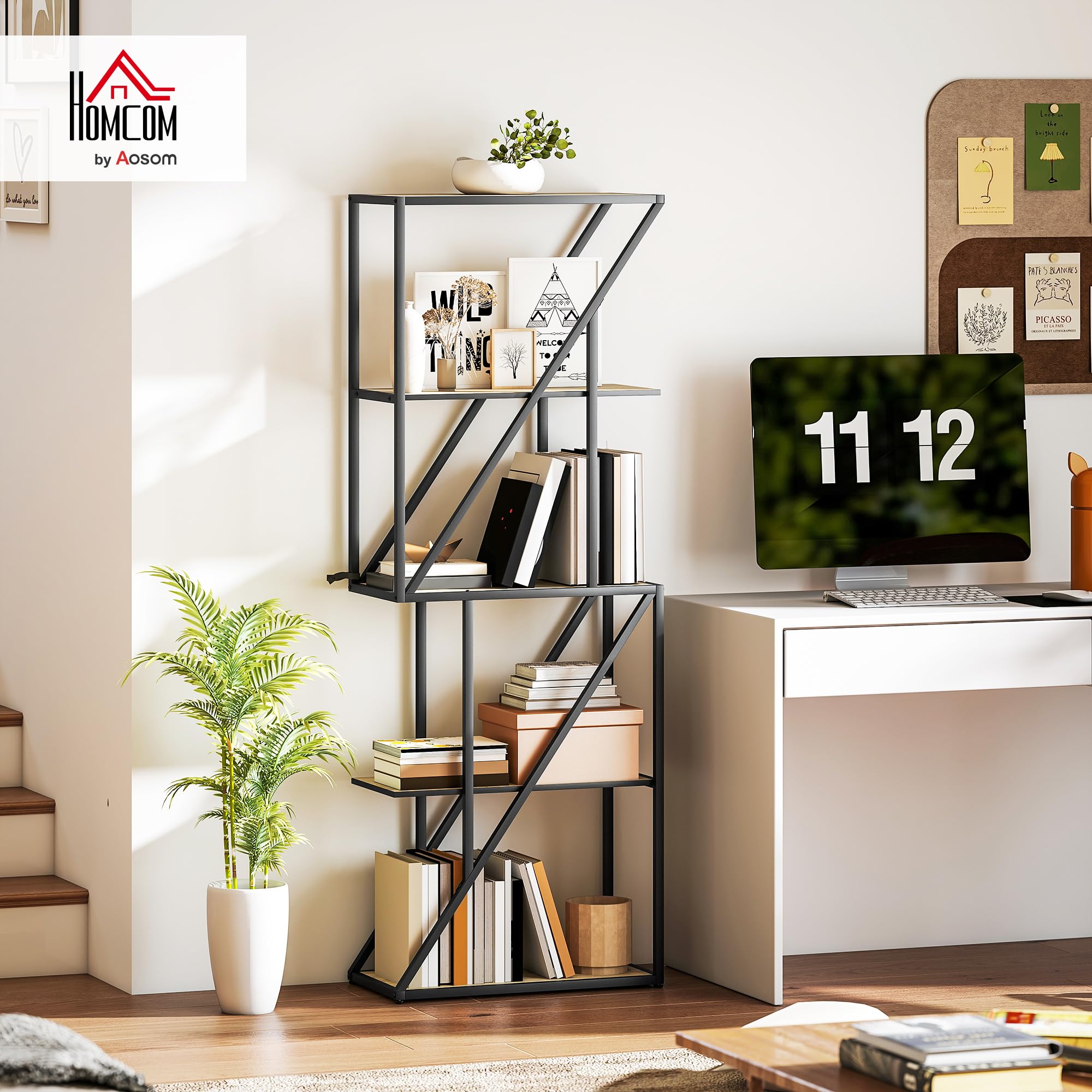 HOMCOM Librería de 5 Niveles con Estantes Abiertos 60x30x165 cm Roble | Estantería para Libros Industrial, Marco de Acero Entrecruzado, para Salón, Dormitorio, Oficina