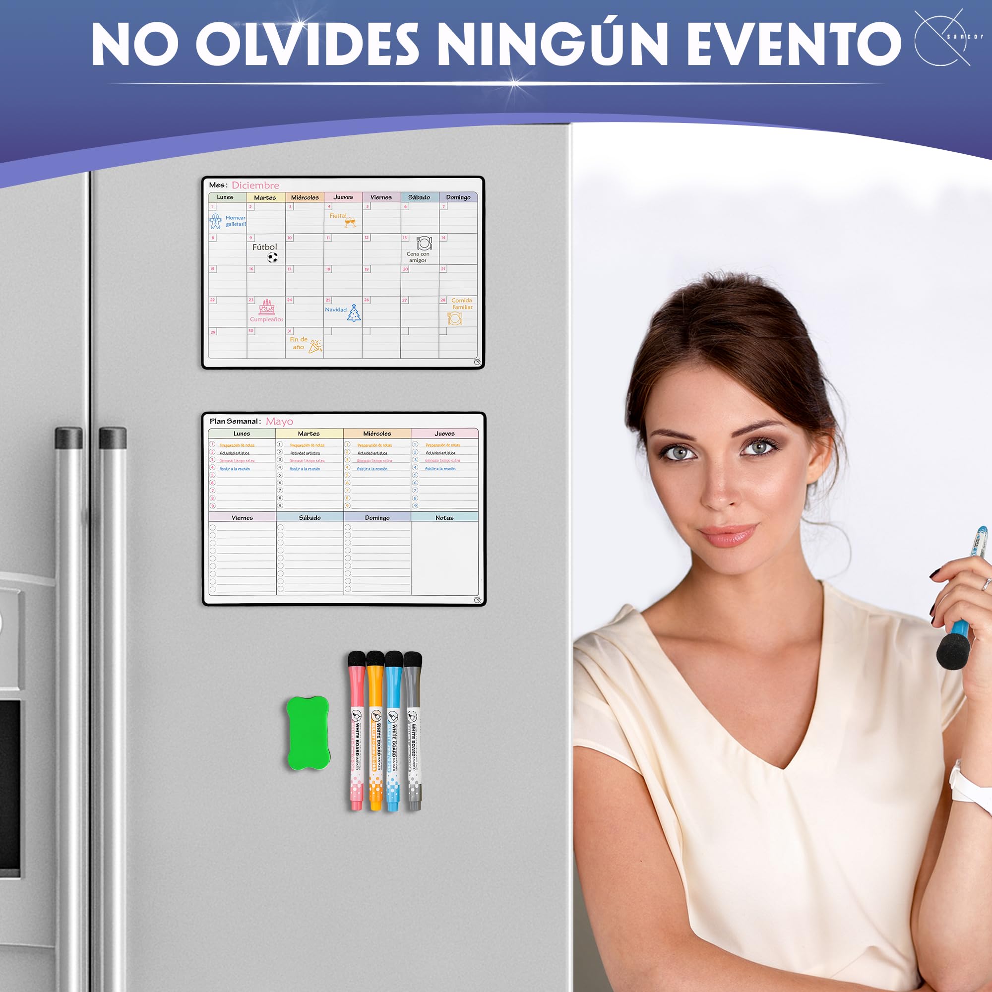 Calendario Magnético Nevera Planificador Mensual o Semanal + 4 Rotuladores y 1 Borrador de Regalo | Opciones en Tamaños A4 y A3 | Ideal como Organizador Semanal (MENSUAL A4)
