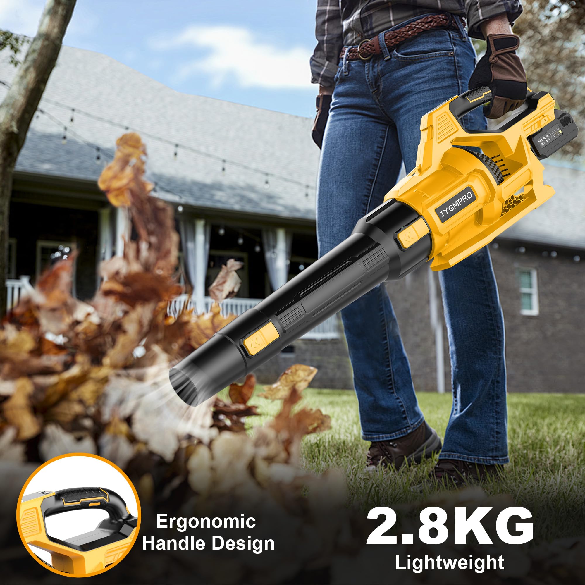 21V Soplador de Hojas, Soplador Bateria con 2 Baterias 4.0Ah, 2 Tubos de Soplado, 3 Ajustes de Velocidad, Correa para el Hombro para Soplar Hojas, Nieve, Polvo y Residuos
