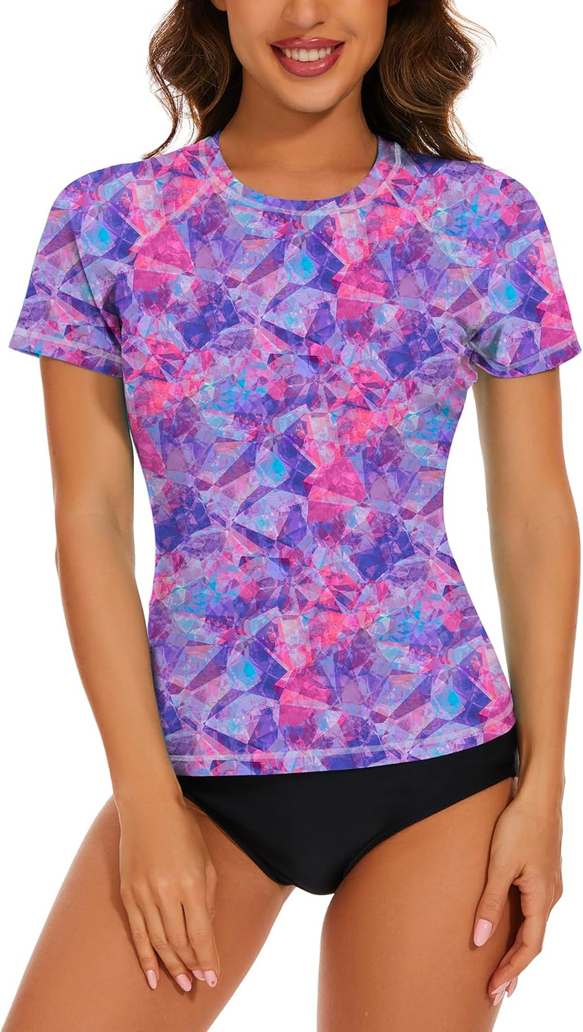Bonneuitbebe Women's Short Sleeve Rash Guard with Built in Bra Swim Shirt UPF50+ Quick Dry Bathing Suit