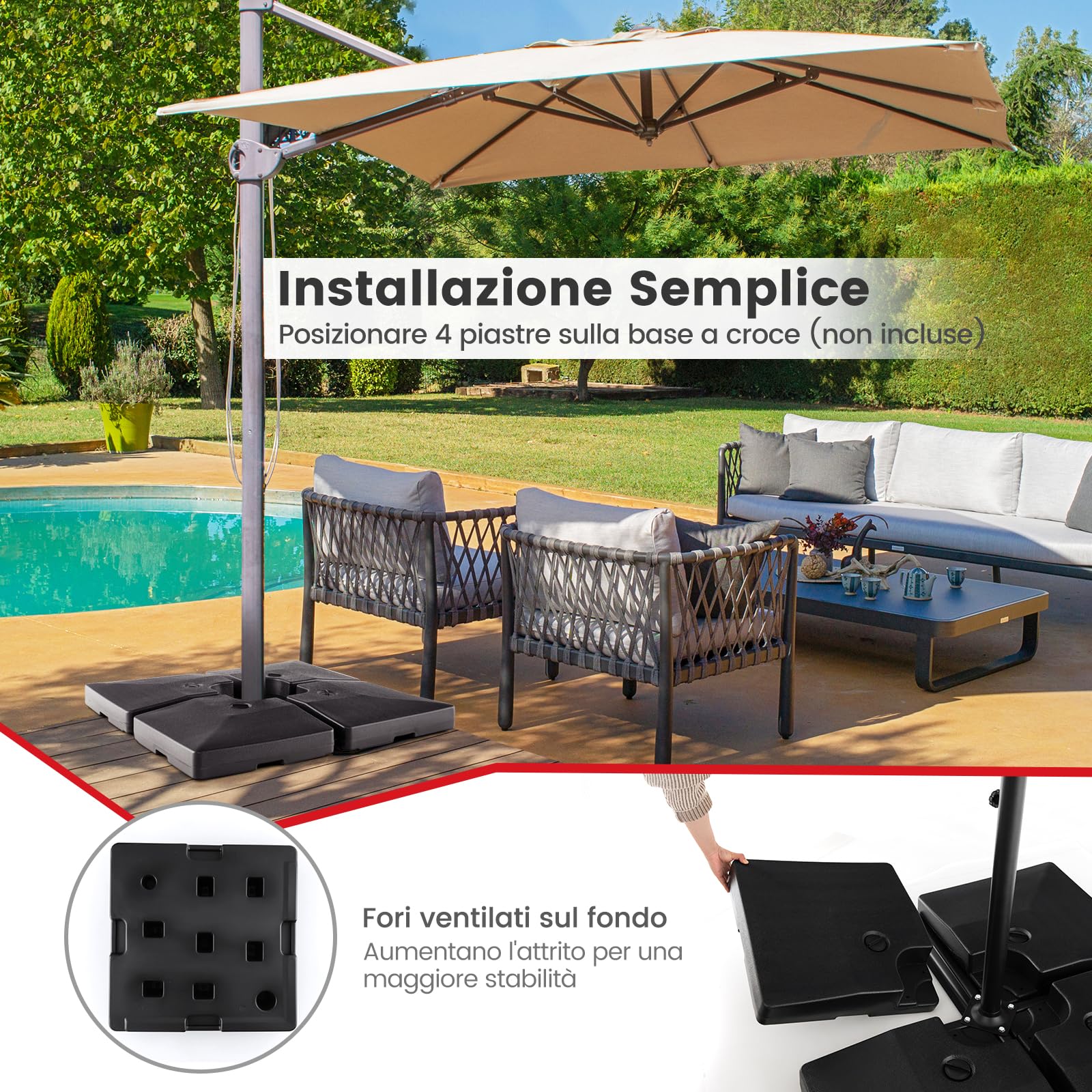 COSTWAY Base Ombrellone Riempibile a 4 Blocchi da 20 Litri, Base per Ombrellone Decentrato con Blocchi Riempibili di Acqua/Sabbia, Pesi per Ombrellone da Giardino Terrazzo Bordo Piscina, Fino 128 kg