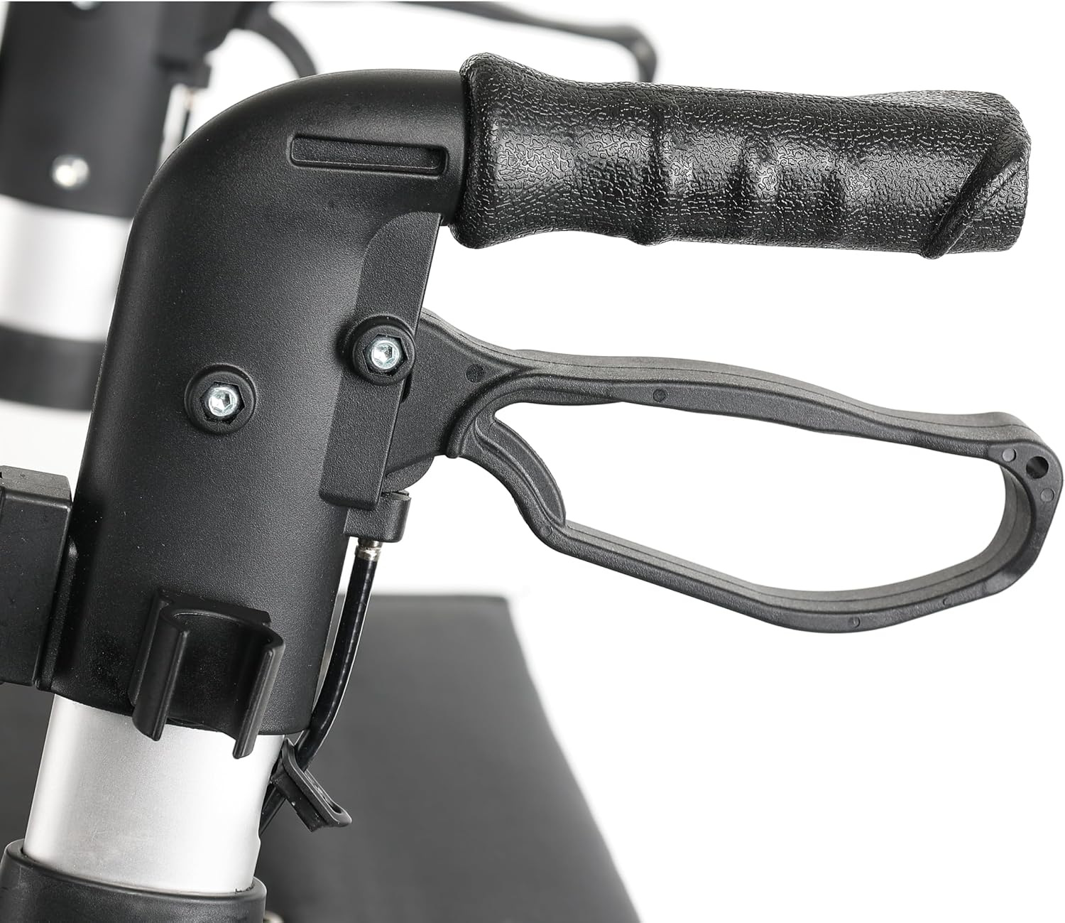 Close-up of the ergonomic handle and brake lever on the BIOS Living Eclipse Double Fold Rollator.