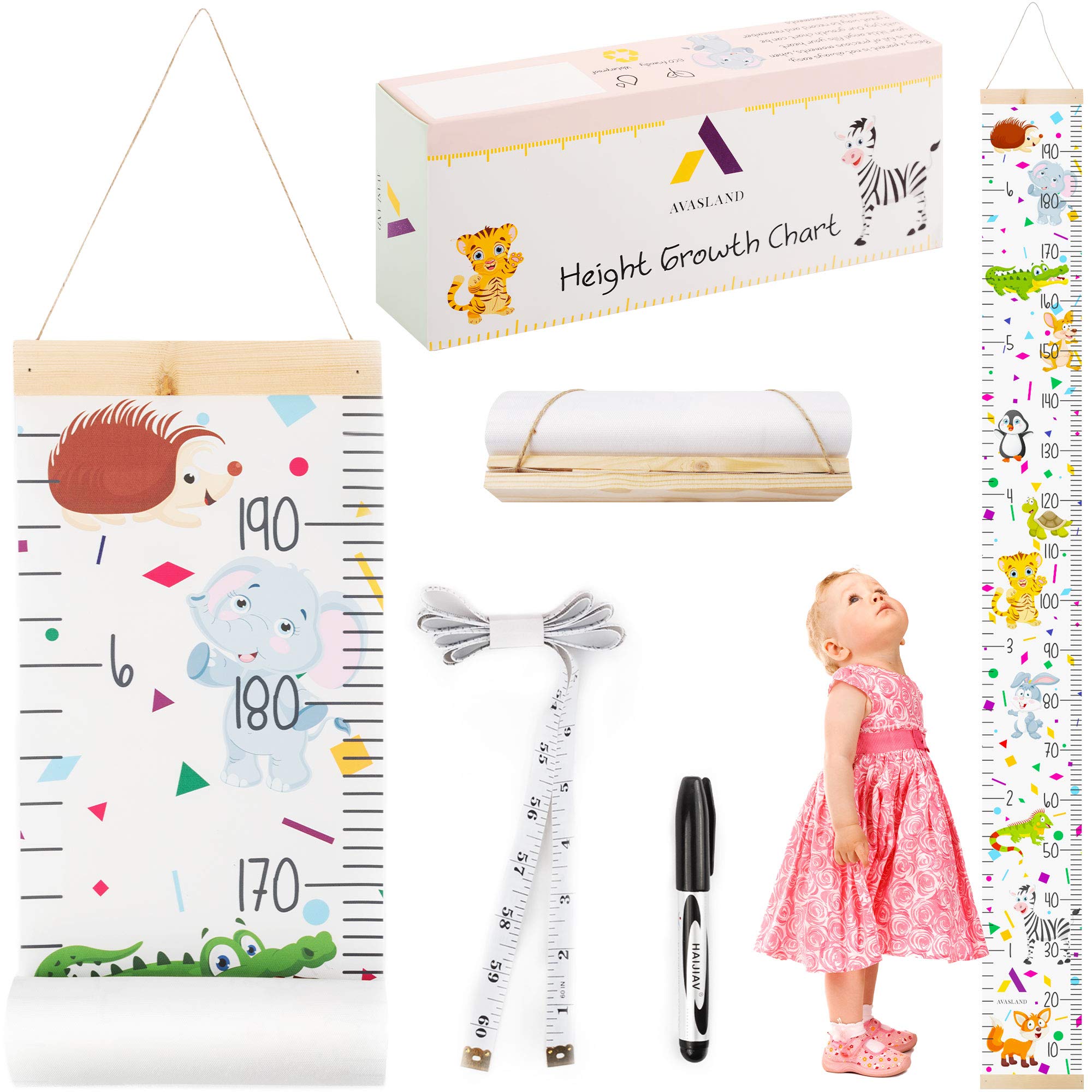 Growth Chart for Kids with Photo Pockets - Wood Frame Hanging Rope Measuring Height for Nursery Playroom Bedroom-Ruler and Black Marker Included-Gender Neutral Design Ruler with Accurate Measurements
