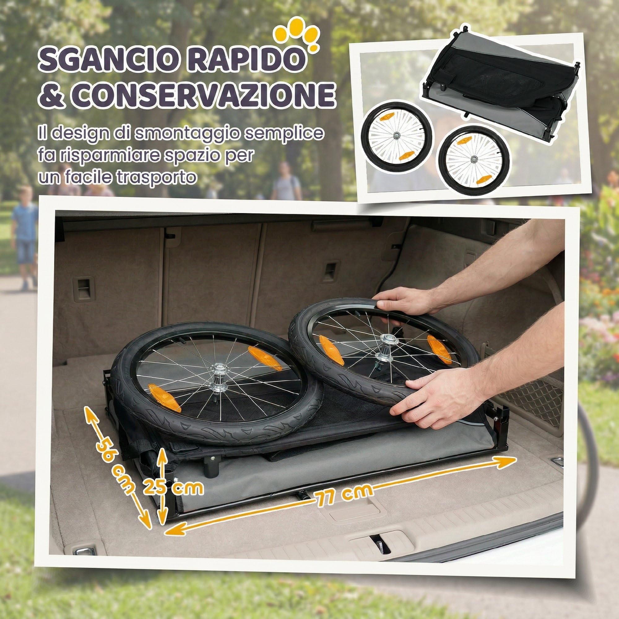 PawHut Rimorchio Bici per Cani Pieghevole con Ruote Gonfiabili a Sgancio Rapido, Ampie Finestre, Carrello Bicicletta Cani Media 20 kg, Catarifrangenti, Guinzaglio, Bandierina, Metallo e 600D Oxford