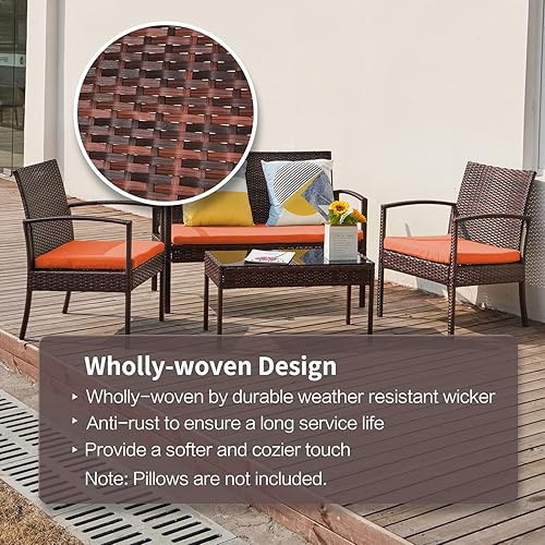 Miniatura 2 de Hubhalsun Juego de 4 piezas de mimbre para patio al aire libre, funiture de mimbre de jardín para patio trasero, silla de ratán interior, grupo de