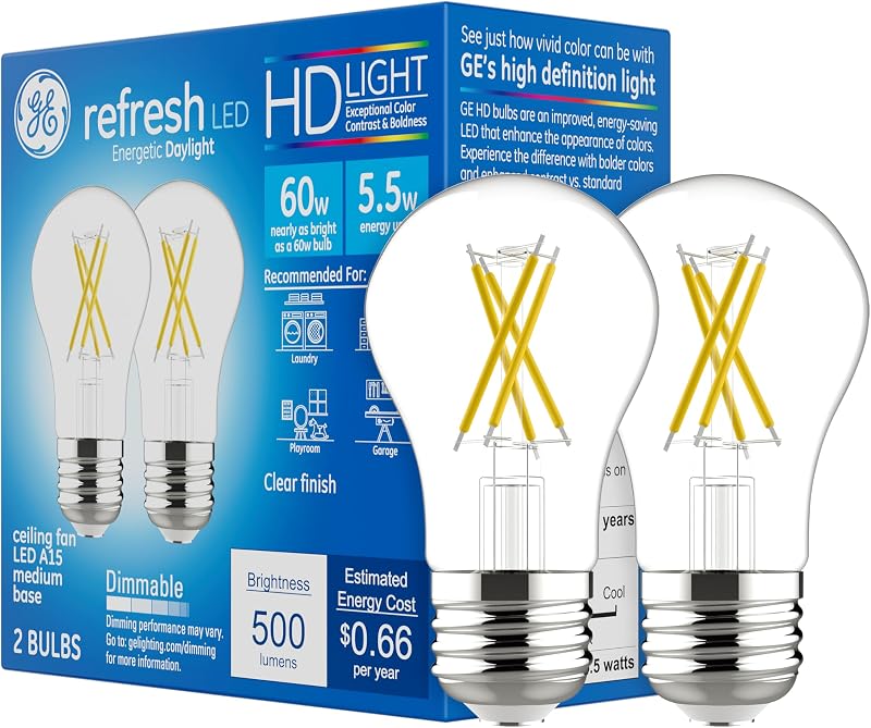 Refresh Bombillas LED A15 para ventilador de techo, luz diurna, 60 W, paquete de 2 | Reemplazo de 60 vatios, acabado transparente A15, luz blanca diurna, LED de bajo consumo, 2 bombillas incluidas, se adapta a ventiladores de techo estándar