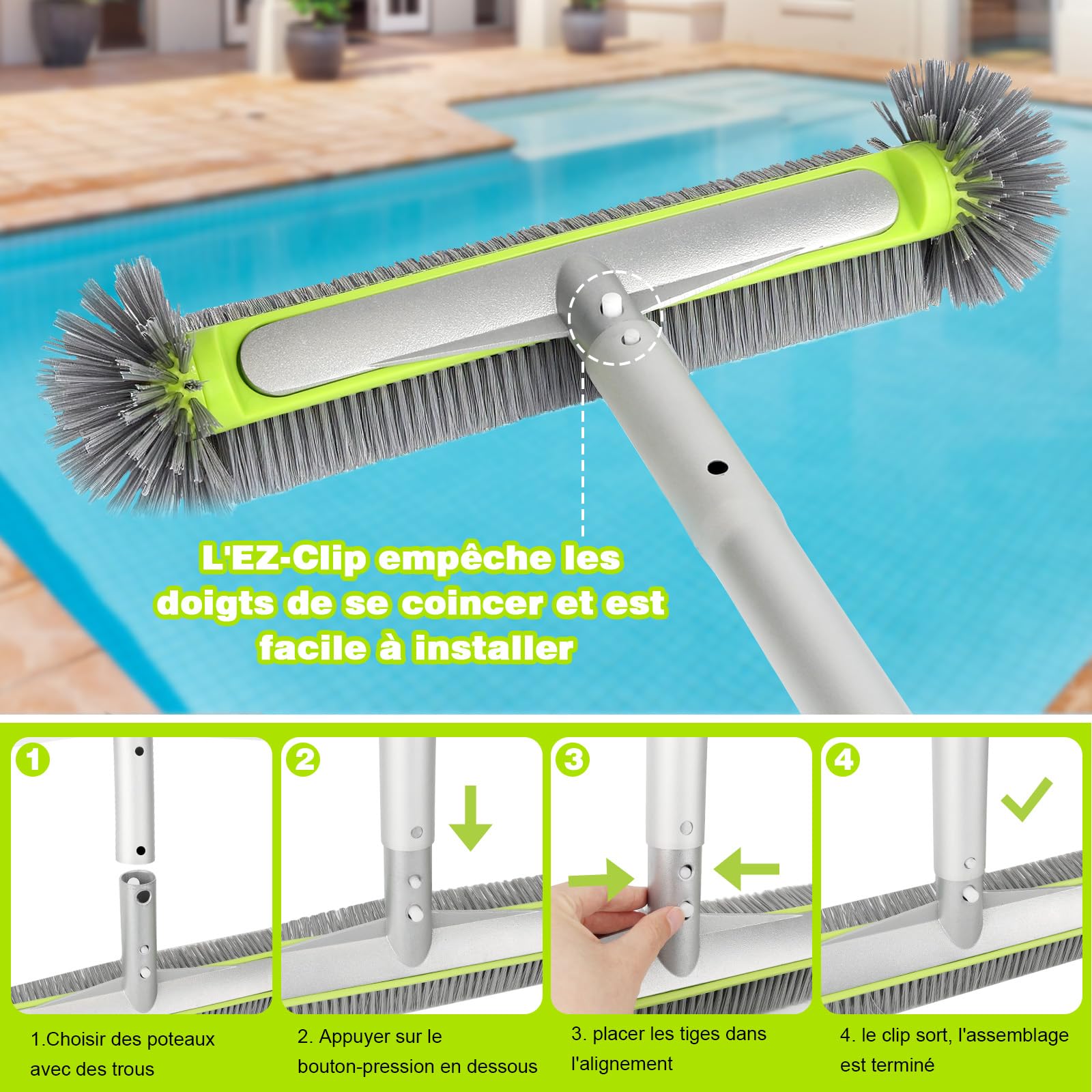 Brosse de Piscine Ronde, 43cm/17″ Balai Piscine Brosse avec Gants Antidérapants et Serviette Absorbante pour Carrelage, Murs & Coins Récalcitrants (sans Barre Télescopique)