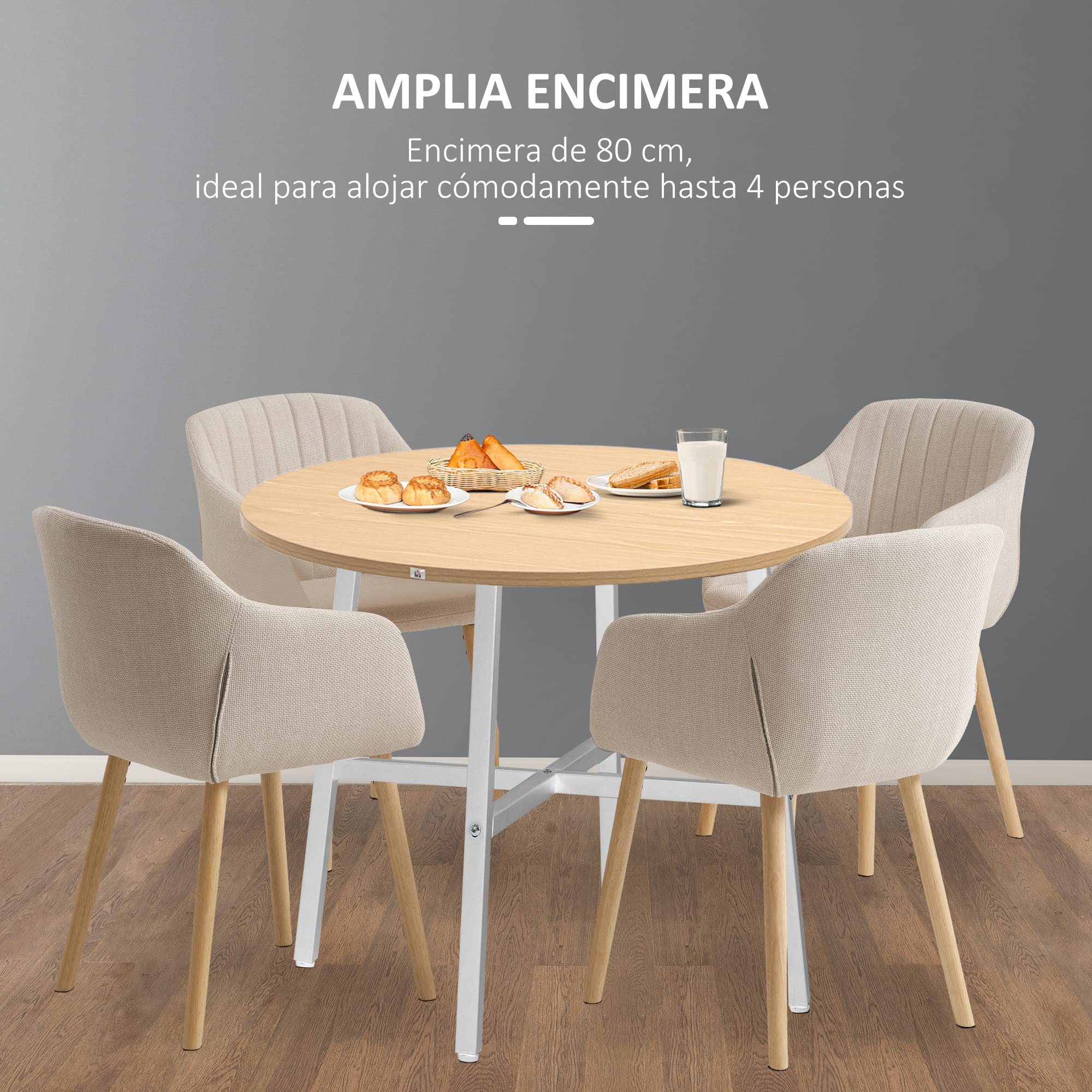 HOMCOM Mesa de Comedor Redonda 4 Personas Ø80x76 cm Natural y Blanco | Mesa de Cocina, Patas de Acero, Salón, Oficina