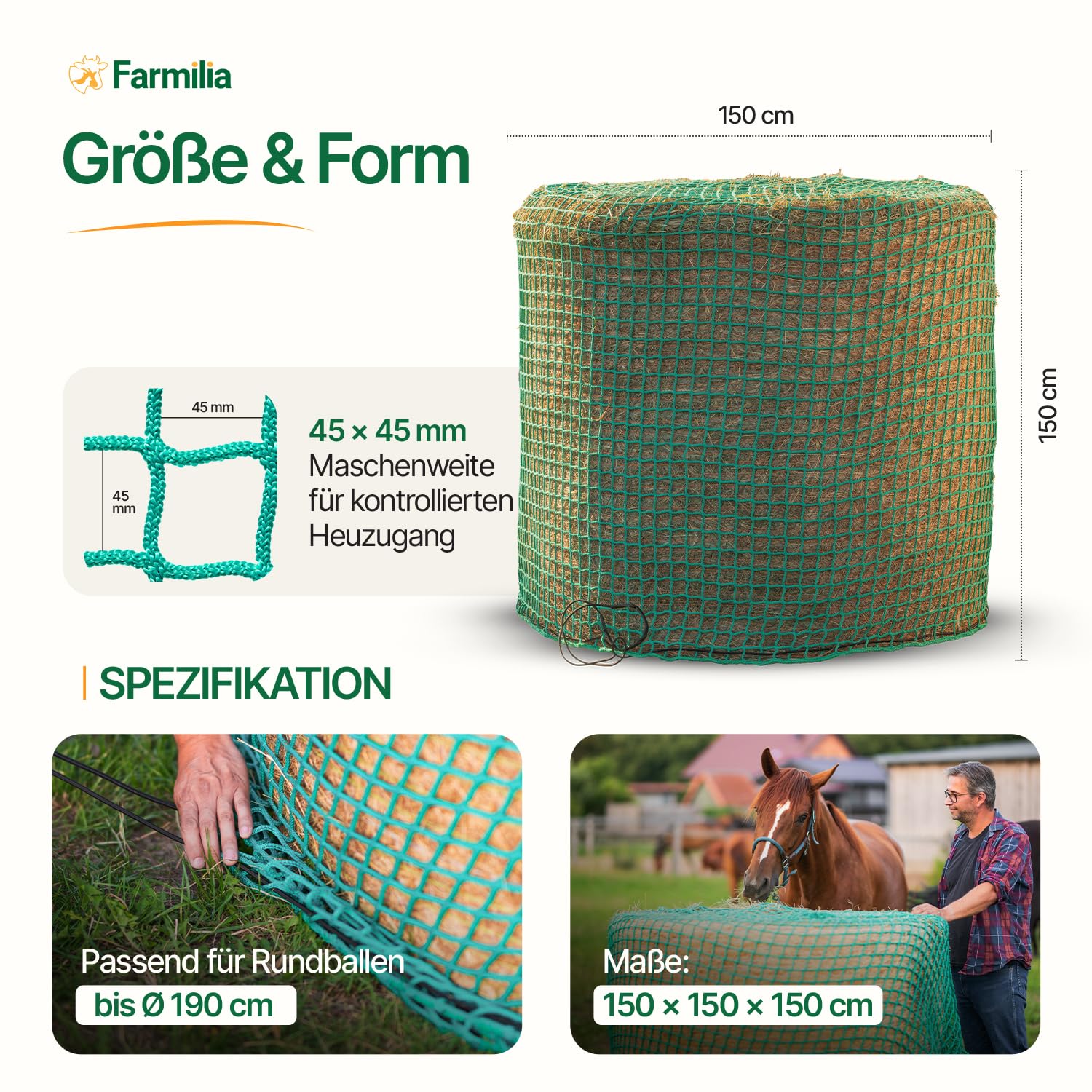 Heunetz für Pferde - Robustes Rundballennetz UV-geschützt wetterfest 45x45mm Maschen