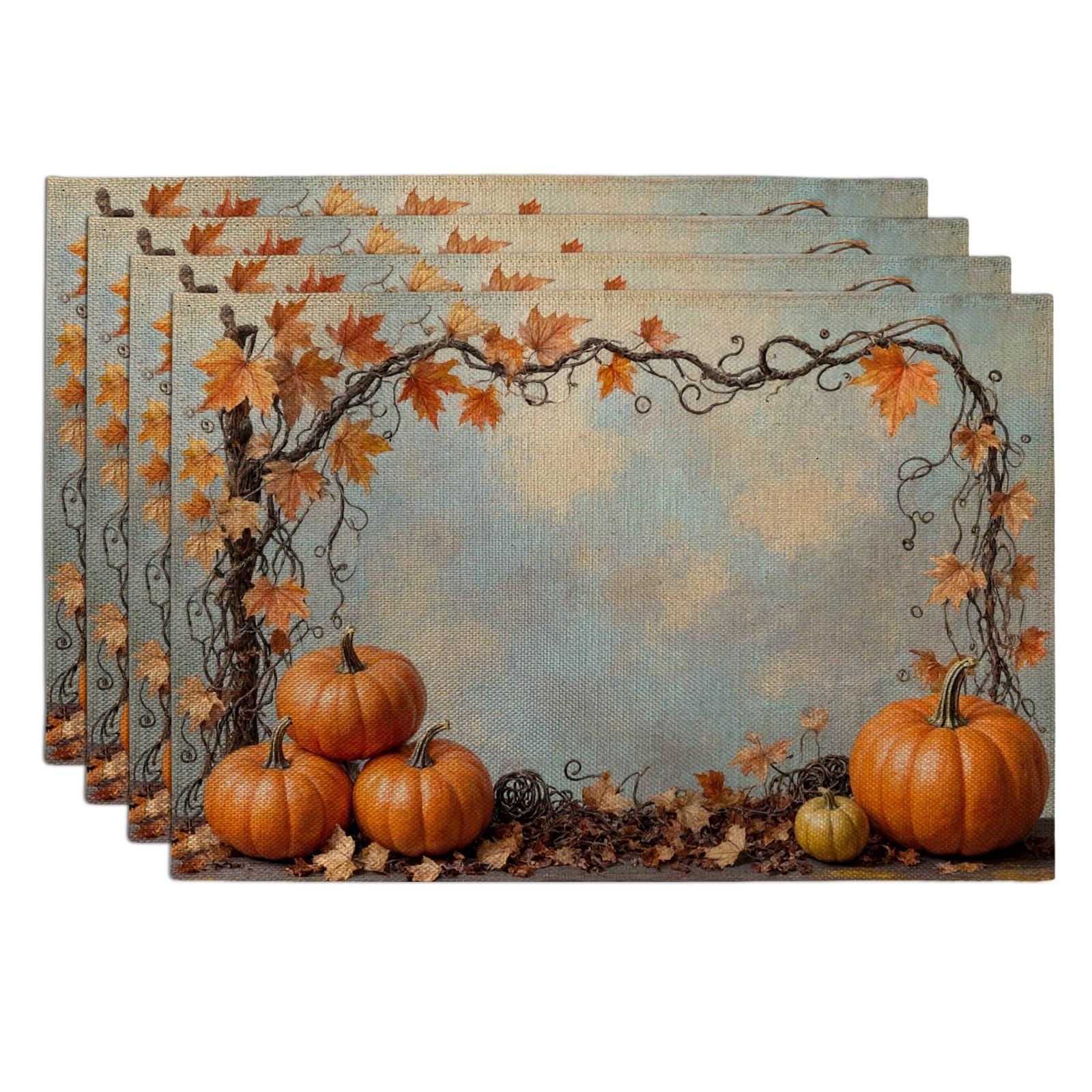 Autumn Pumpkin Placemats, Rustic Fall Leaves Decorative Place Mats for Dining Table, Thanksgiving Non-Slip Washable Indoor Outdoor Kitchen Party Placemat Set of 4