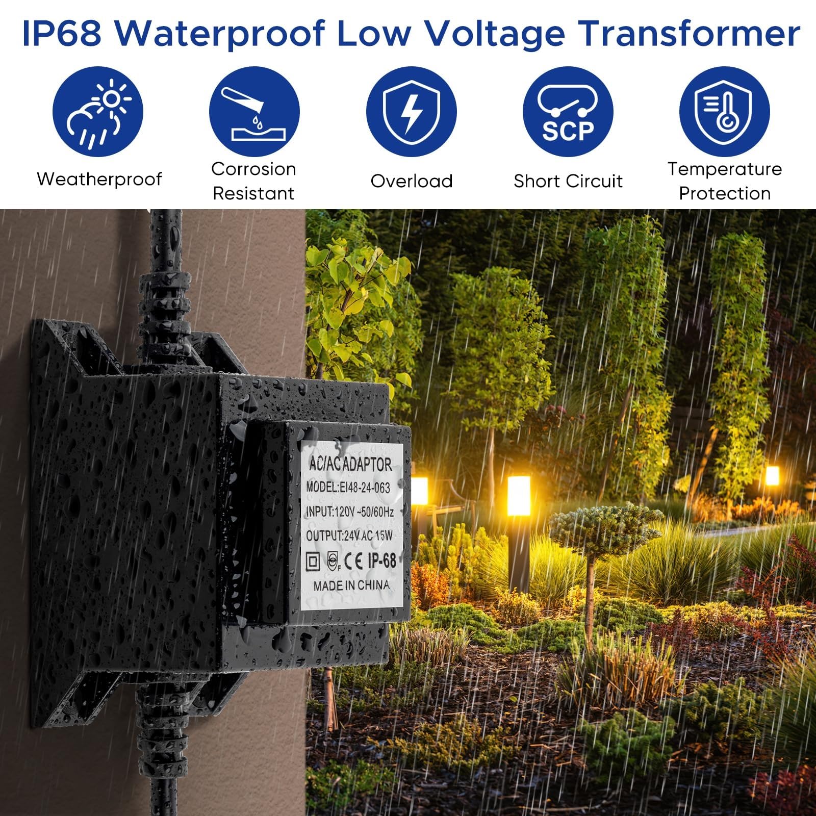 Transformateur Basse Tension IP68 pour Éclairage Paysager, Transformateur Basse Tension 220V CA vers 12V/24V CA, Convertisseur d'alimentation Étanche, pour Éclairage Piscine(60W)