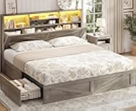 AOGLLATI Farmhouse King Bed Frame Bed Frame with 4 Storage Drawers and Led Lights, Wooden King Bed with Hidden Space Bookcase Headboard and Led Lights & Metal Slats, Grey