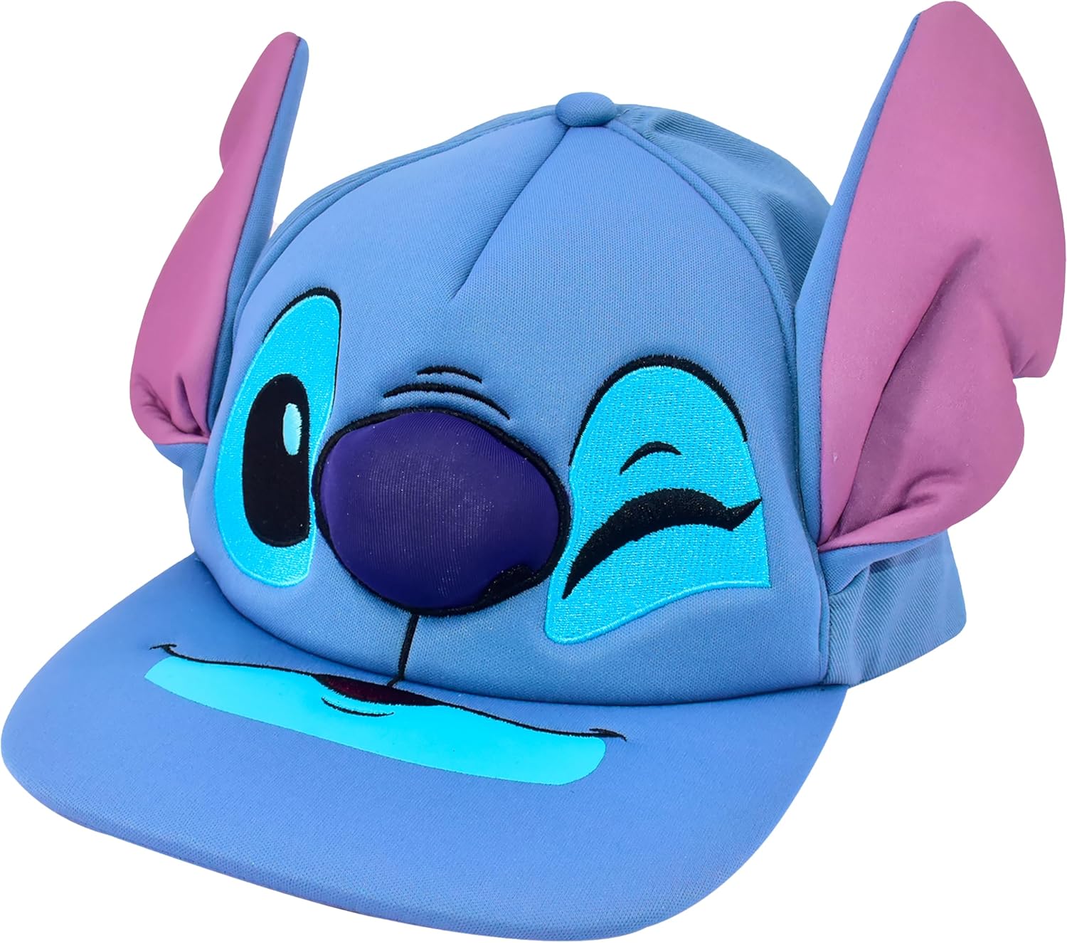 Disney Stitch Baseball Cap, Adult Snapback Hat with Flat Brim and 3D Nose and Ears, Blue, One Size