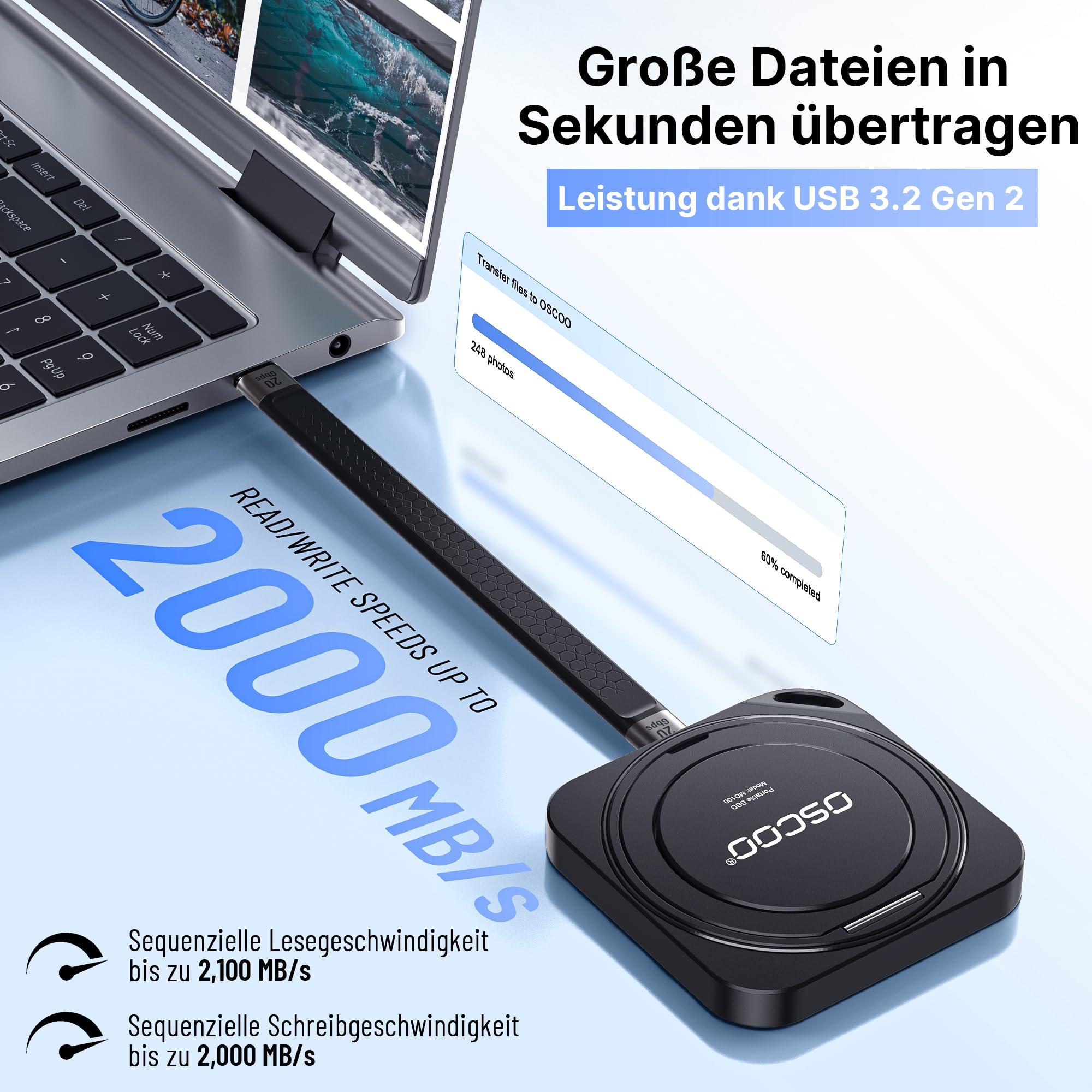 MagSafe Externe SSD 512GB, bis 2000 MB/s, ProRes 4K für iPhone 15/16 | USB3.2 Gen2x2 Schnittstelle, Aluminium-Gehäuse, AES-256 Verschlüsselung, treiberfrei nutzbar für Android, Laptop