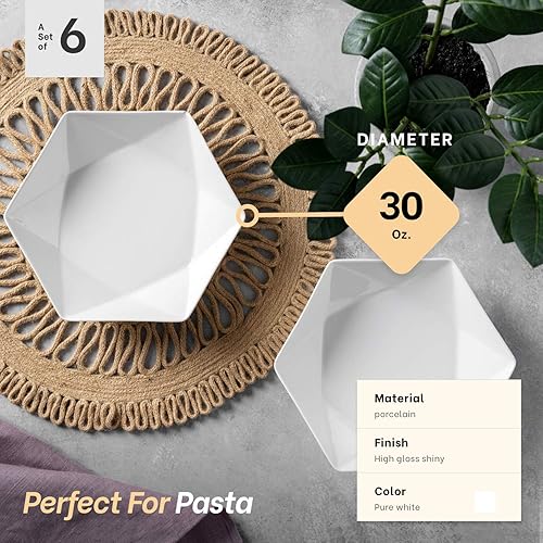 Miniatura 6 de MITBAK Cuencos de pasta de porcelana de hueso de 30 onzas  Juego de 6 platos blancos con forma de diamante para pasta, ramen, cereales, sopa, fruta,