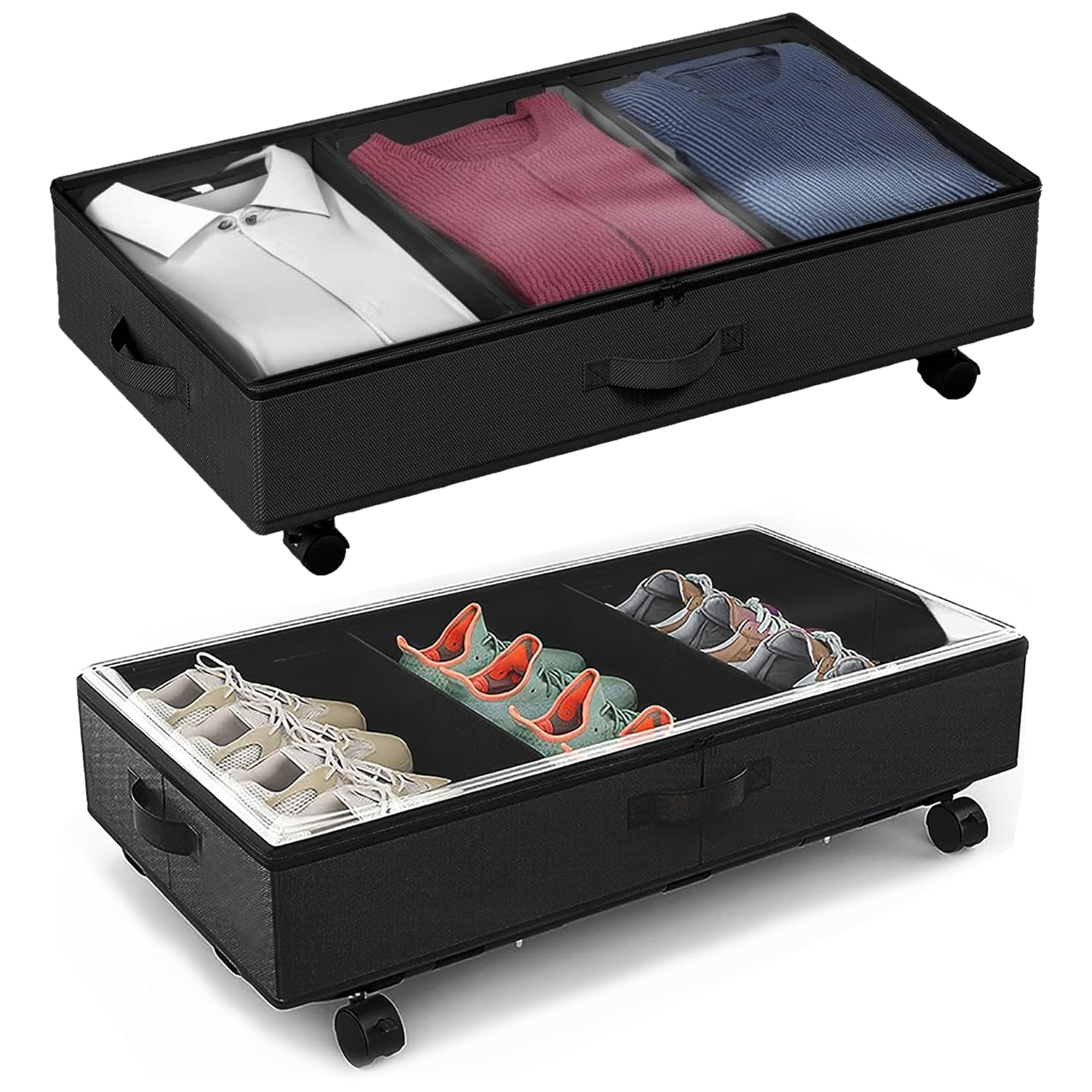 Confezione da 2 contenitori da mettere sotto il letto, con coperchio, 50 l, grandi contenitori portaoggetti con ruote in metallo, borsa portaoggetti con cerniera per vestiti, coperte