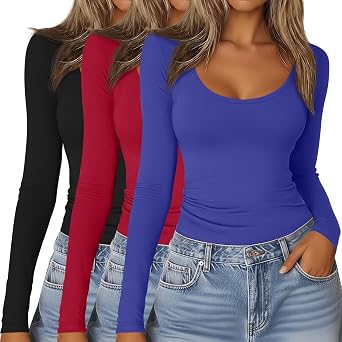 Riyiper 3 Pack Womens Long Sleeve T Shirts, Scoop Neck Under Scrub Layer Tee Basic Casual Shirts Tops