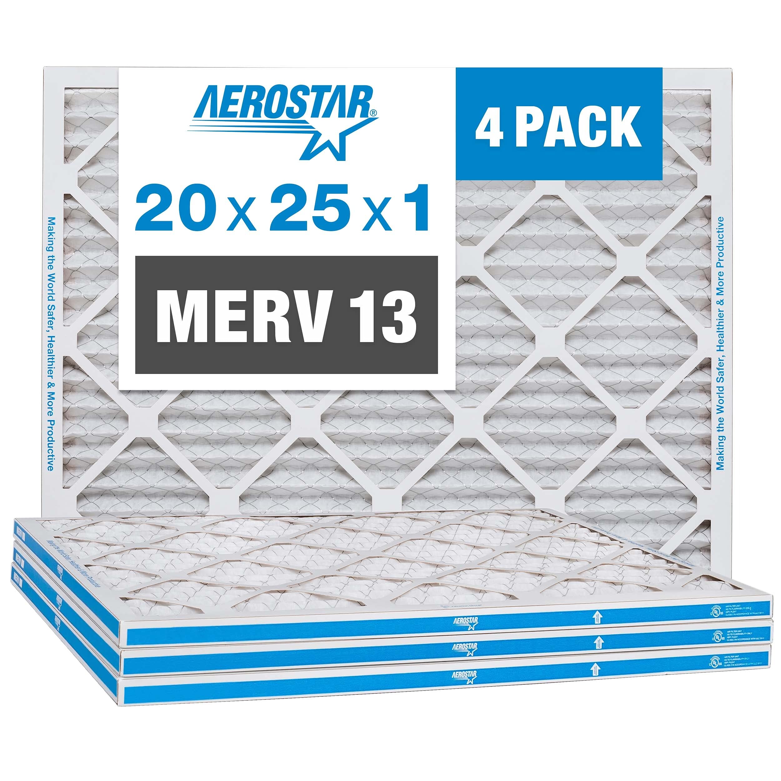 Photo 1 of Aerostar 20x25x1 MERV 13 Pleated Air Filter, AC Furnace Air Filter, 4 Pack (Actual Size: 19 3/4" x 24 3/4" x 3/4") 20x25x1 Air Filter
