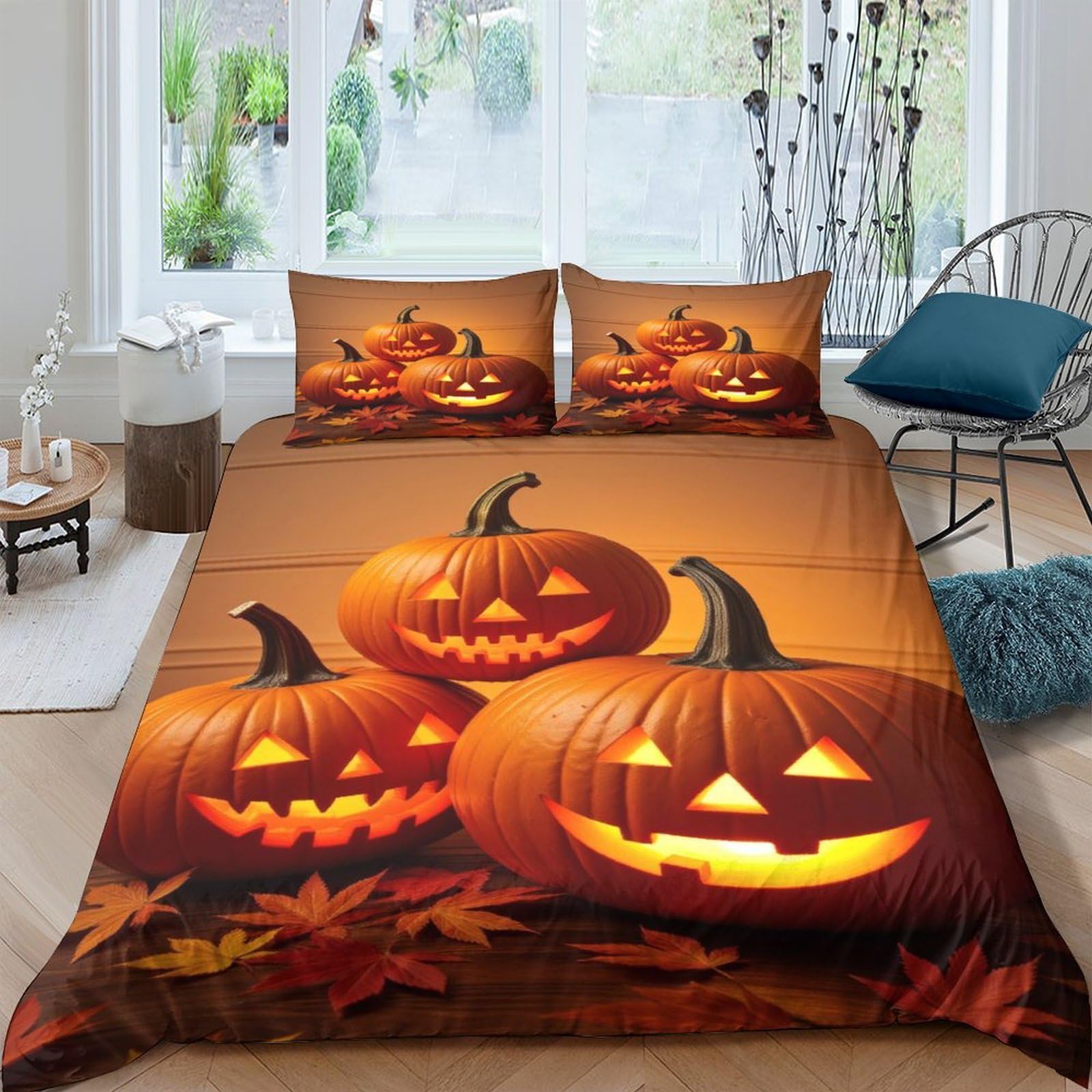 Ctjqhvkz Style-8 3D Printed Halloween Pumpkin Fitted Sheet Microfiber Soft Orange Autumn Leaves Bed Cover For Bedroom Guest Room Decor Single（135X200cm）
