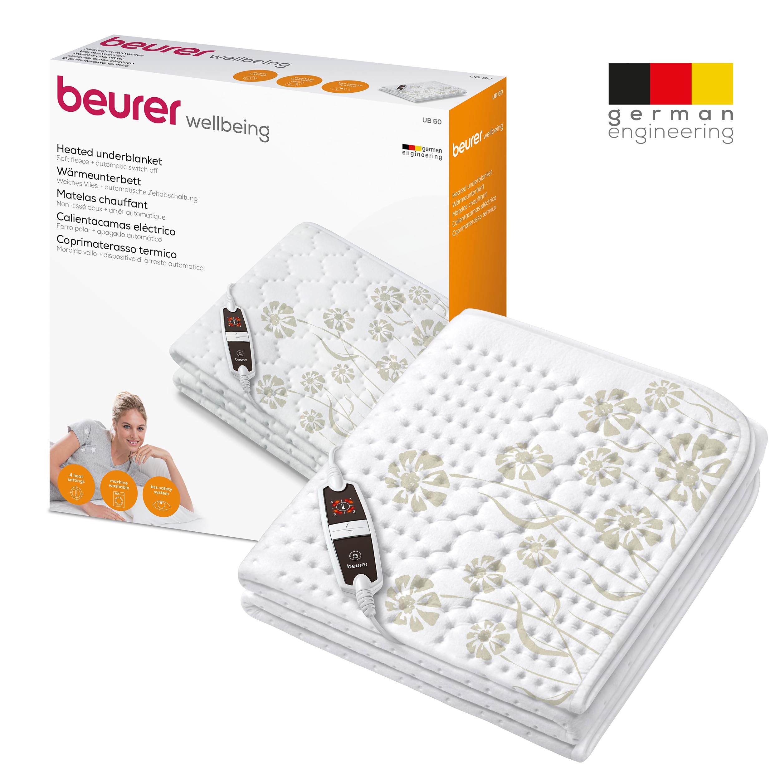 Beurer Cama térmica UB 60, acogedora almohadilla térmica con 4 niveles de temperatura y calentamiento rápido, lavable a máquina, blanca