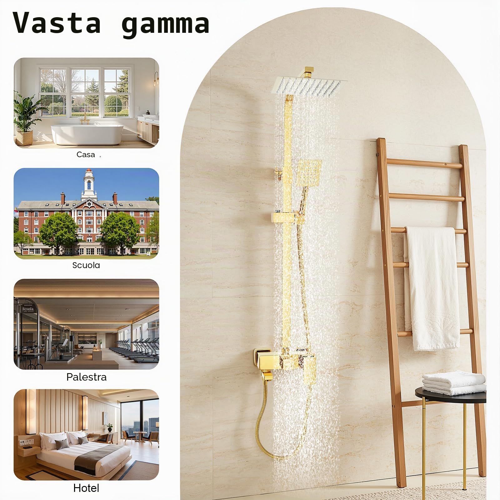 Sistema doccia in acciaio inossidabile - Doccia effetto pioggia - Con doccetta dorata - Colonna doccia regolabile in altezza - Per casa e hotel
