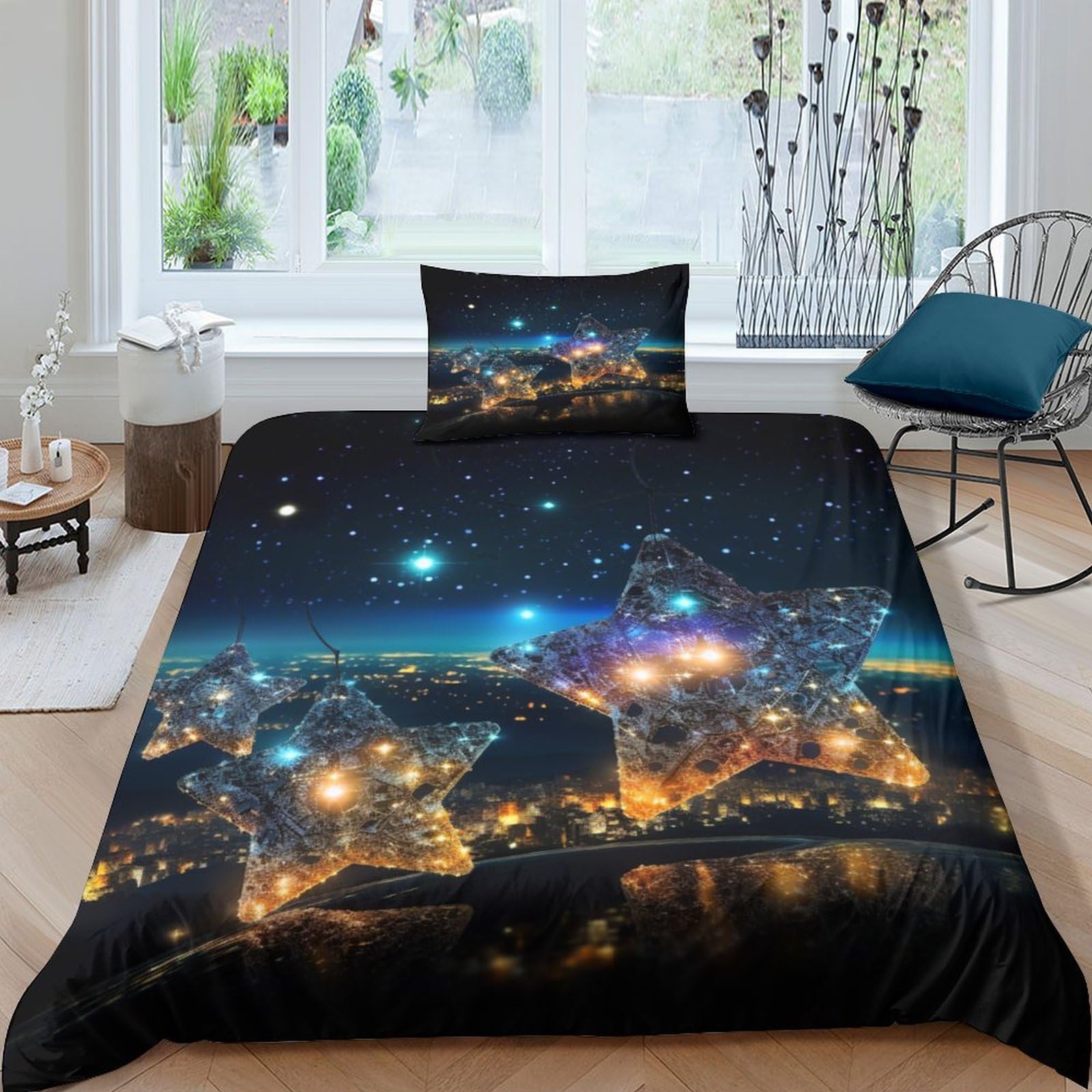 Housse de couette 135x200cm motif ciel étoilé 3D en microfibre pour lit une place