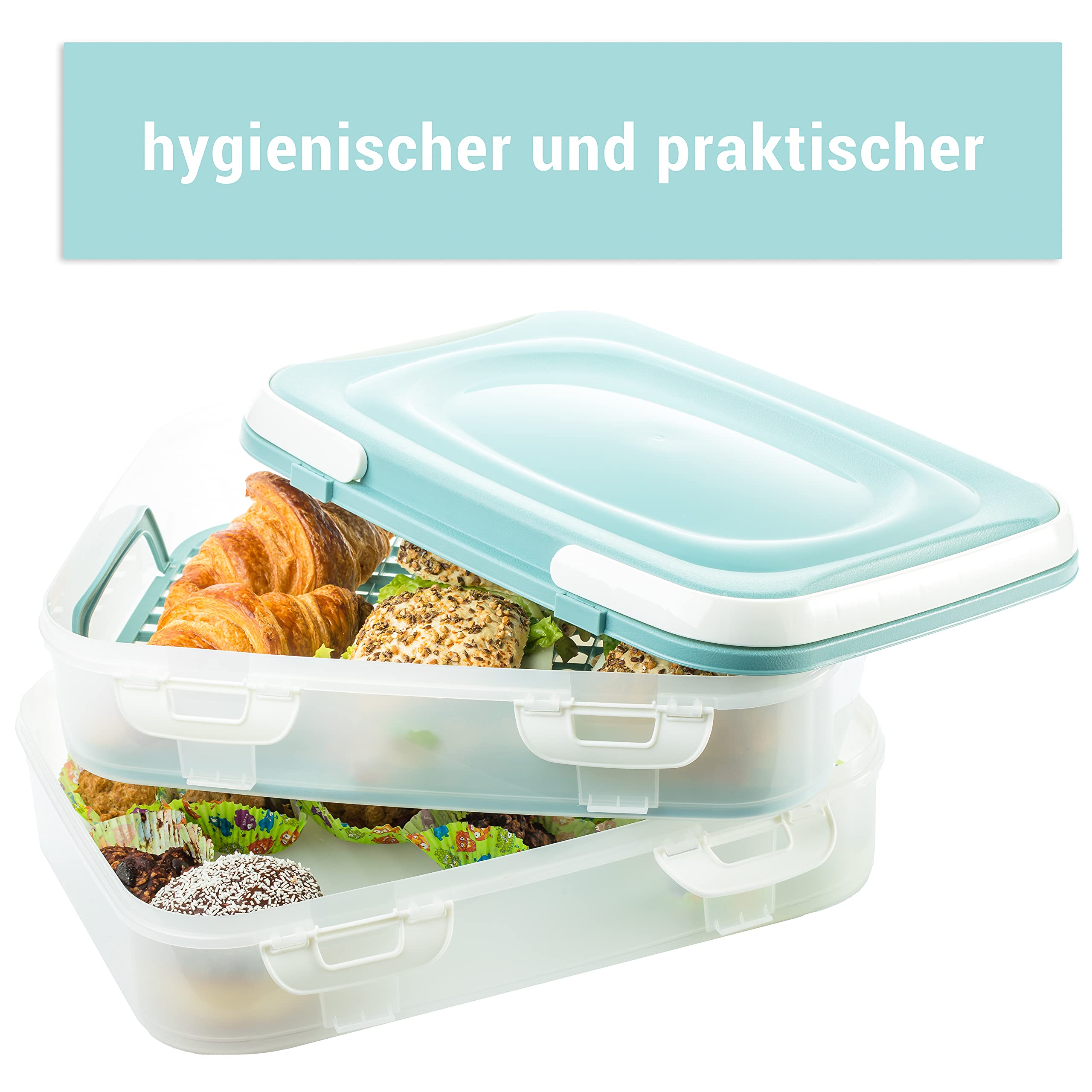 Boîte De Transport à Gâteau Carrée Turquoise/Blanc – Avec Poignée Et Fermetures Clic, Sans BPA