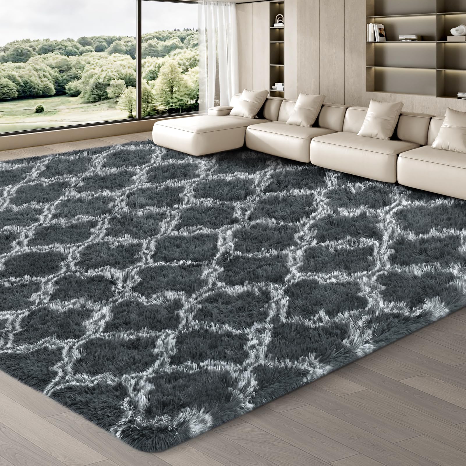 JOJOSEE Hochflor Teppich Wohnzimmer, 240 x 340 cm Anti-Rutsch Wohnzimmerteppich, Waschbarer Flauschiger Teppich für Schlafzimmer & Kinderzimmer, Dunkles Karograu