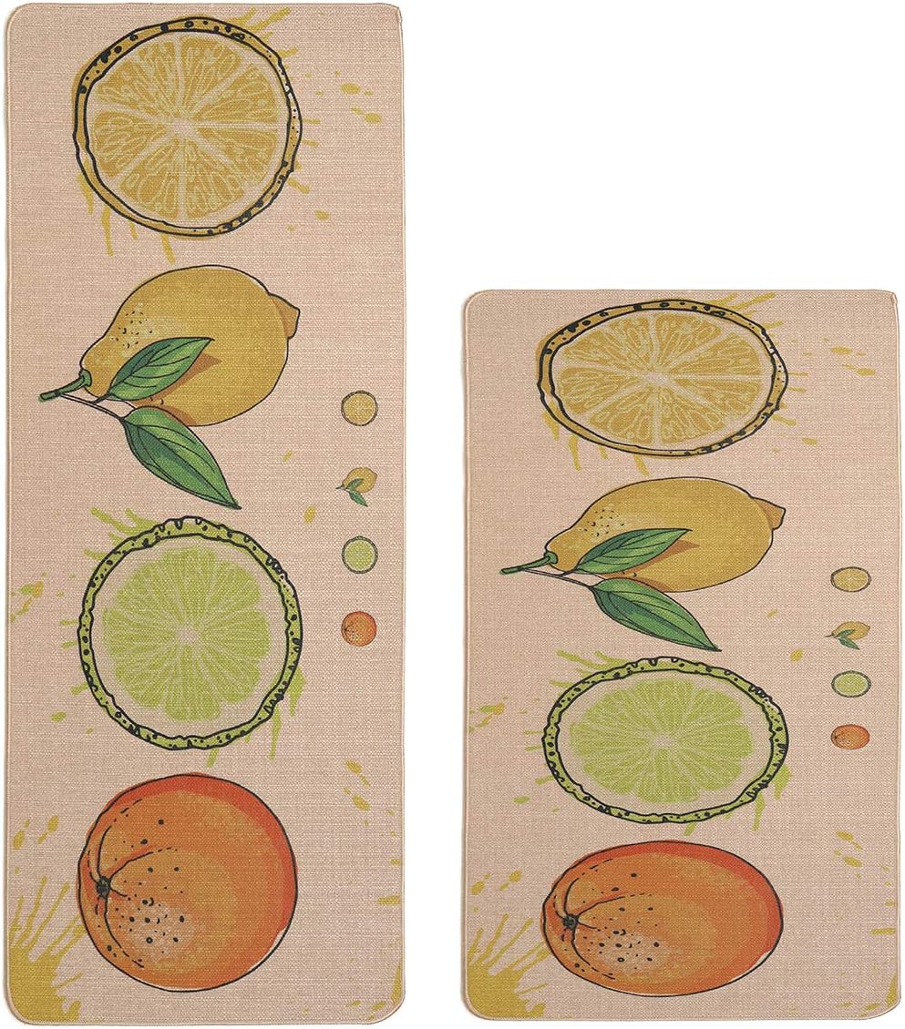 Kitchen Rugs,LEEVAN 2 PCS Vintage Microfiber Non-Skid/Slip Rubber Back Washable Doormat Floormat Area Rug Carpet (17" X 29"+17" X 59", Fruits)