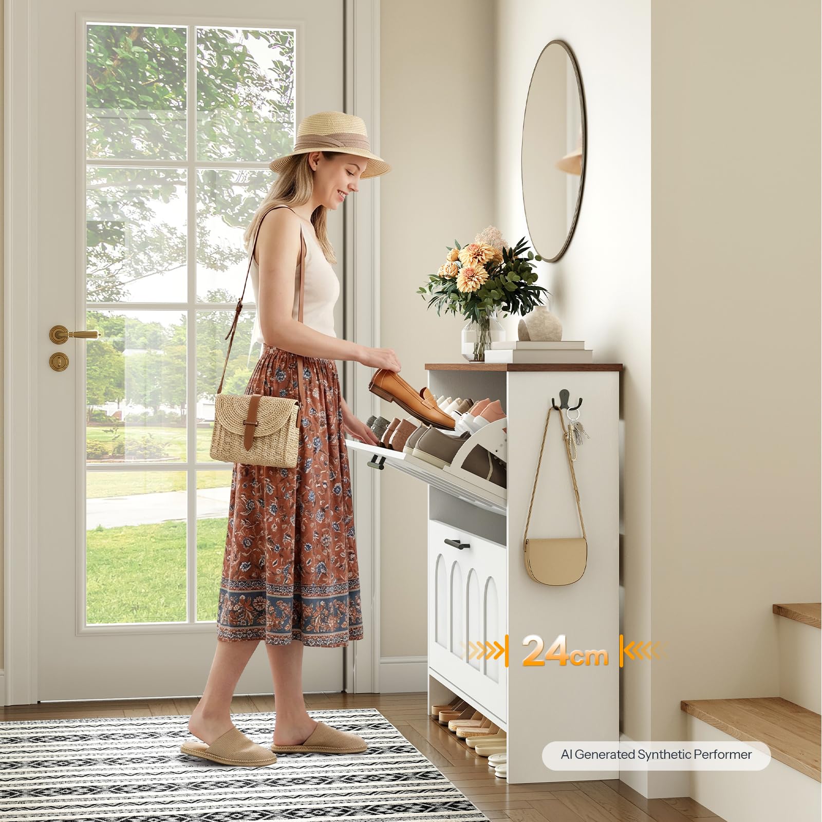 HOOBRO Meuble à Chaussures à Basculement, Meuble de Rangement Étroit, Portes en Arche, Tablettes Réglables, Basculeur de Chaussures, pour Couloir, Petits Espaces, Blanc et Noyer EWH42SC01